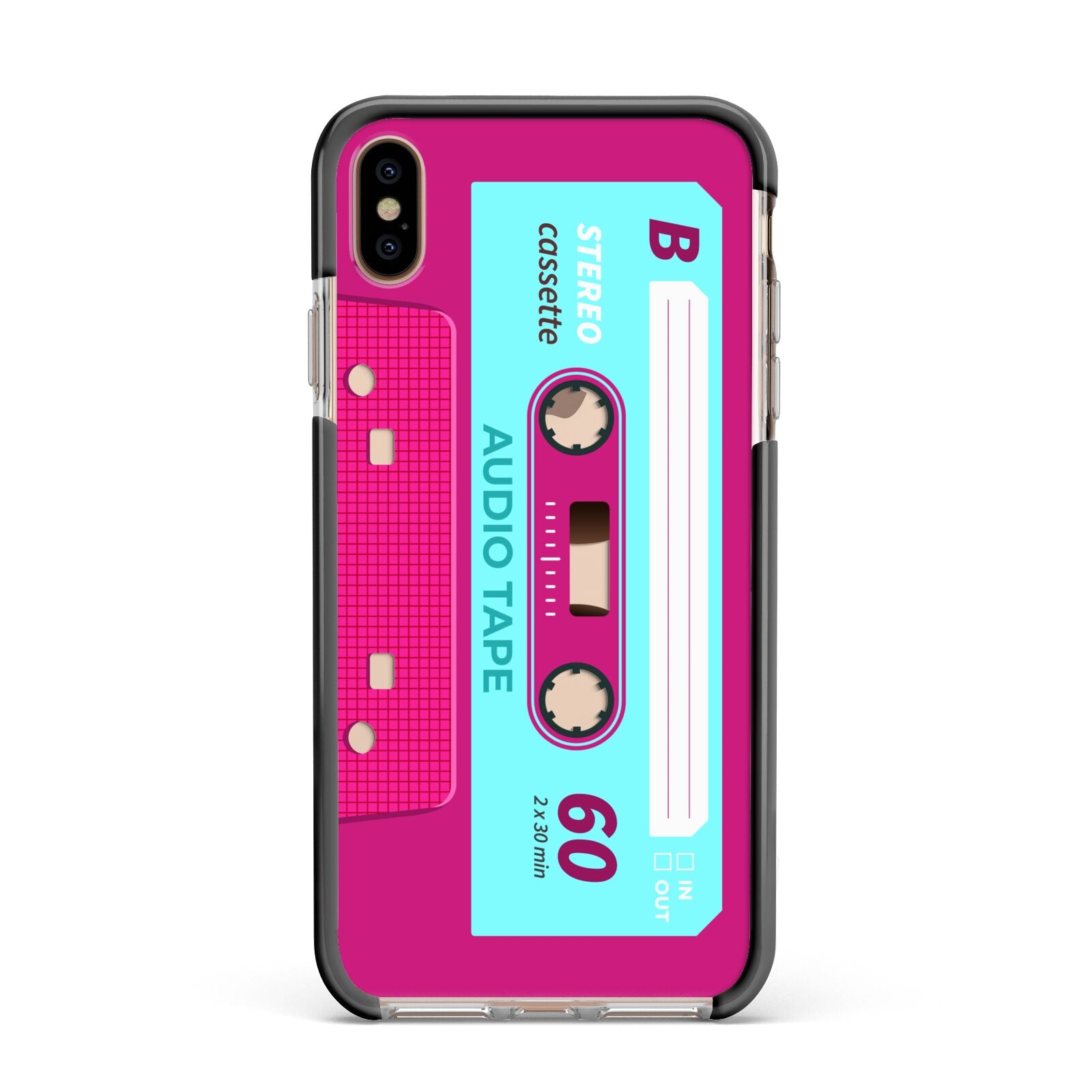 Bright Pink Cassette Tape Apple iPhone Xs Max Impact Case Black Edge on Gold Phone