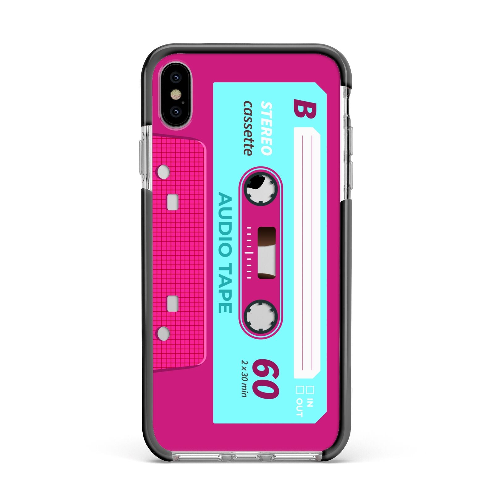 Bright Pink Cassette Tape Apple iPhone Xs Max Impact Case Black Edge on Silver Phone