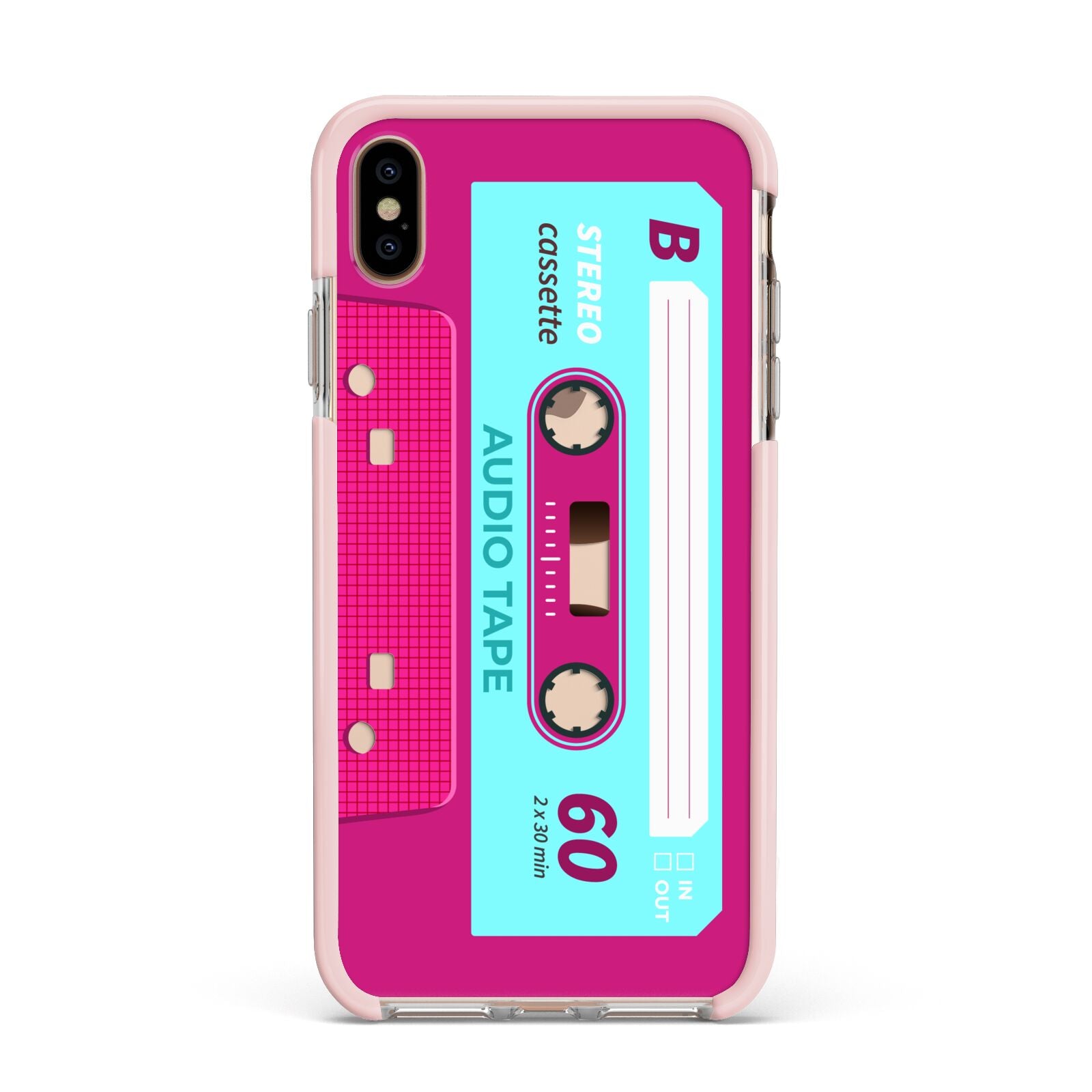 Bright Pink Cassette Tape Apple iPhone Xs Max Impact Case Pink Edge on Gold Phone