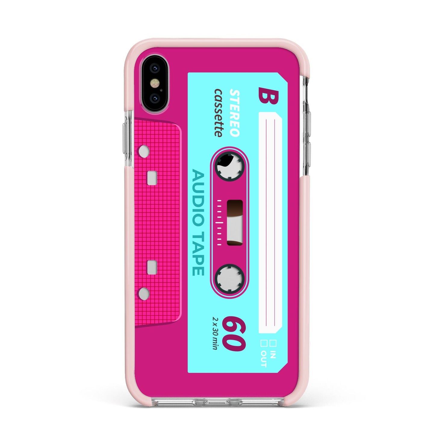 Bright Pink Cassette Tape Apple iPhone Xs Max Impact Case Pink Edge on Silver Phone