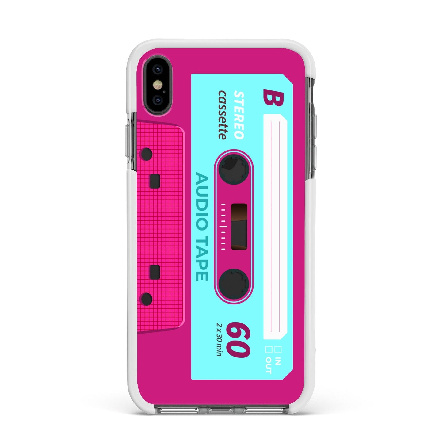 Bright Pink Cassette Tape Apple iPhone Xs Max Impact Case White Edge on Black Phone