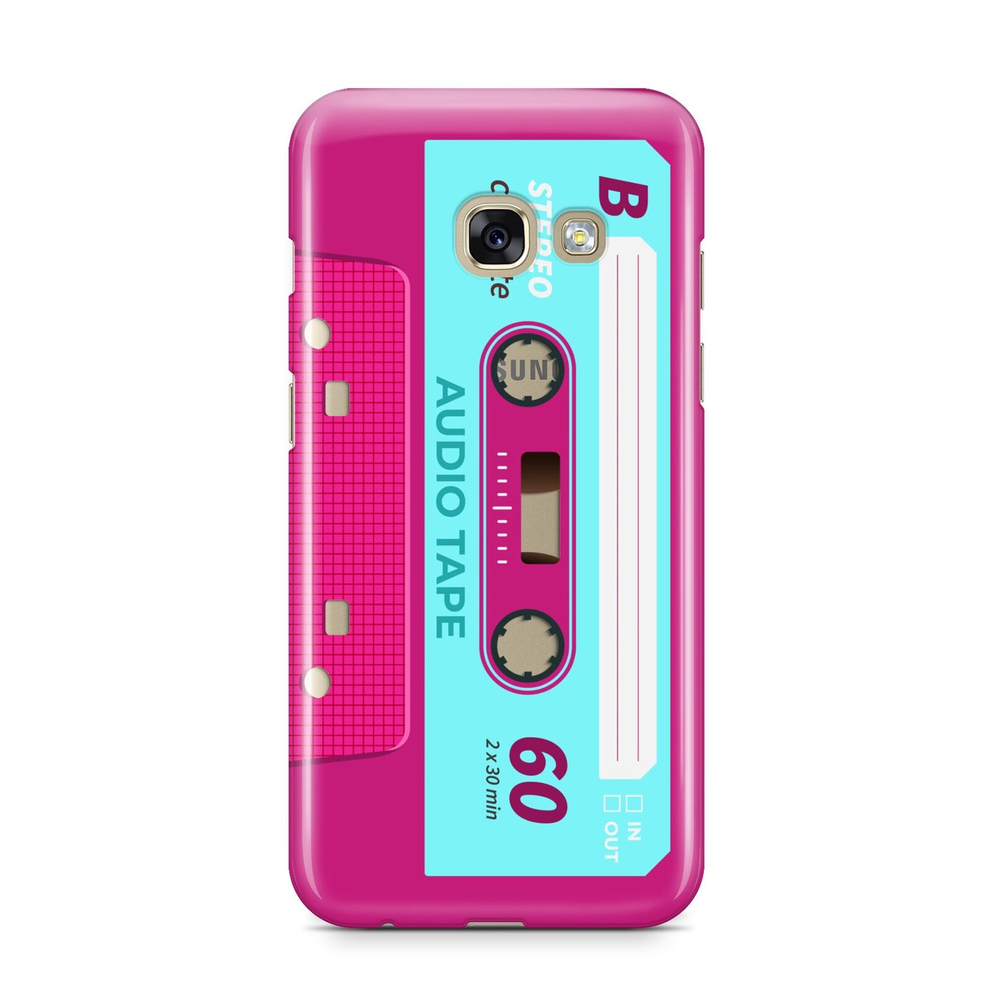 Bright Pink Cassette Tape Samsung Galaxy A3 2017 Case on gold phone