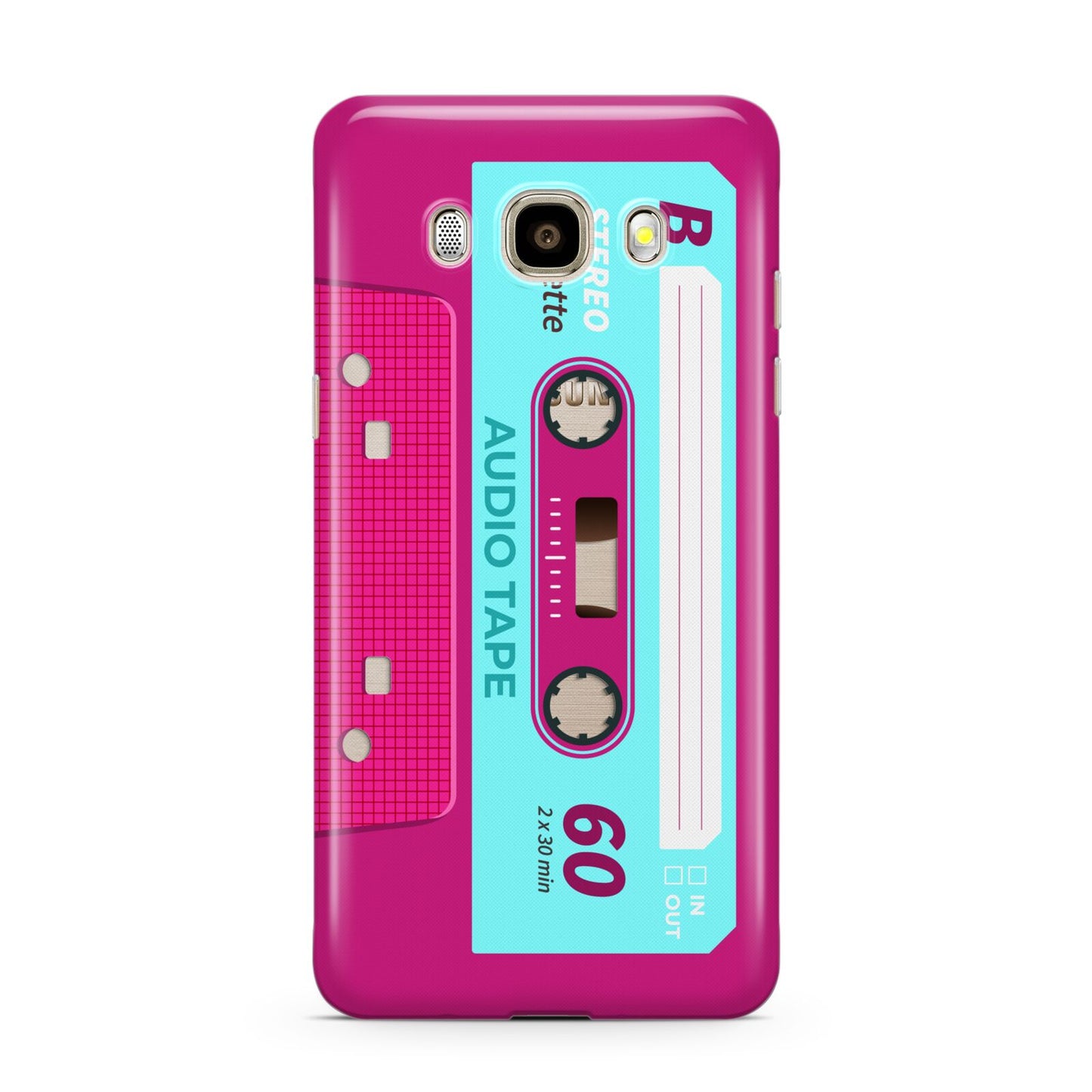 Bright Pink Cassette Tape Samsung Galaxy J7 2016 Case on gold phone