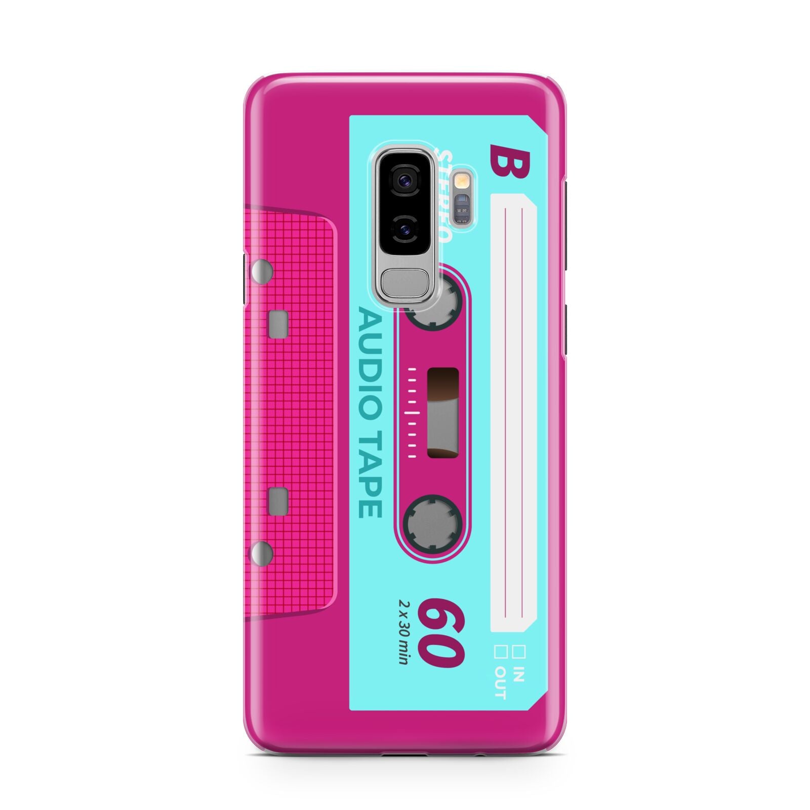 Bright Pink Cassette Tape Samsung Galaxy S9 Plus Case on Silver phone