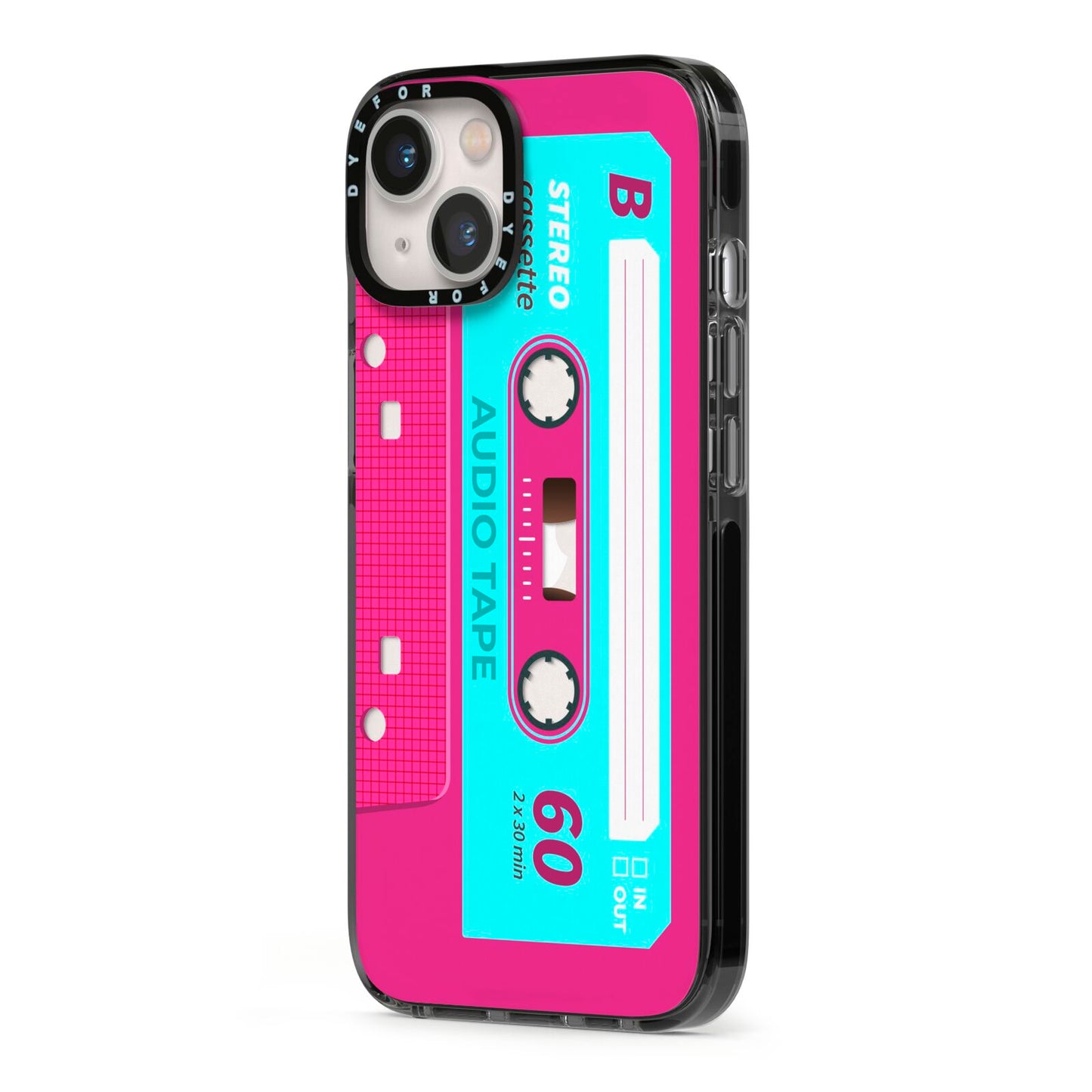 Bright Pink Cassette Tape iPhone 13 Black Impact Case Side Angle on Silver phone