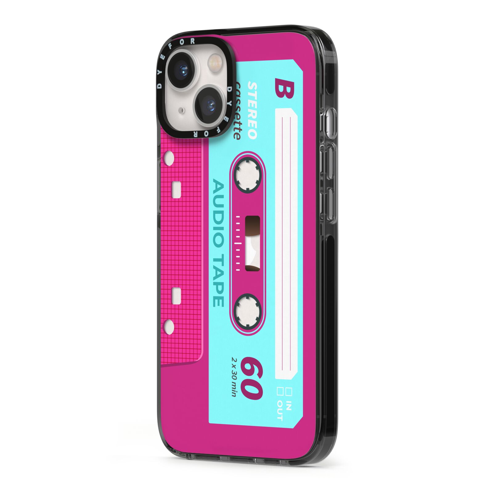 Bright Pink Cassette Tape iPhone 13 Black Impact Case Side Angle on Silver phone