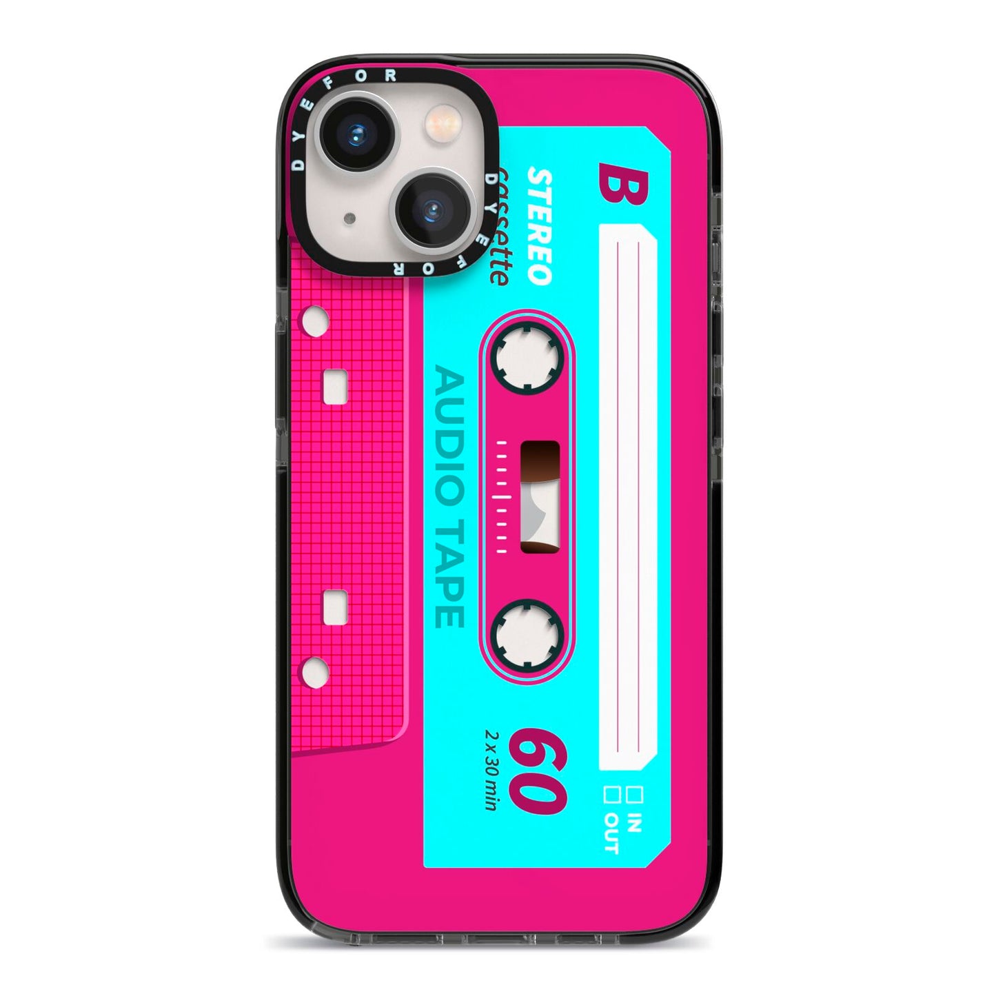 Bright Pink Cassette Tape iPhone 13 Black Impact Case on Silver phone