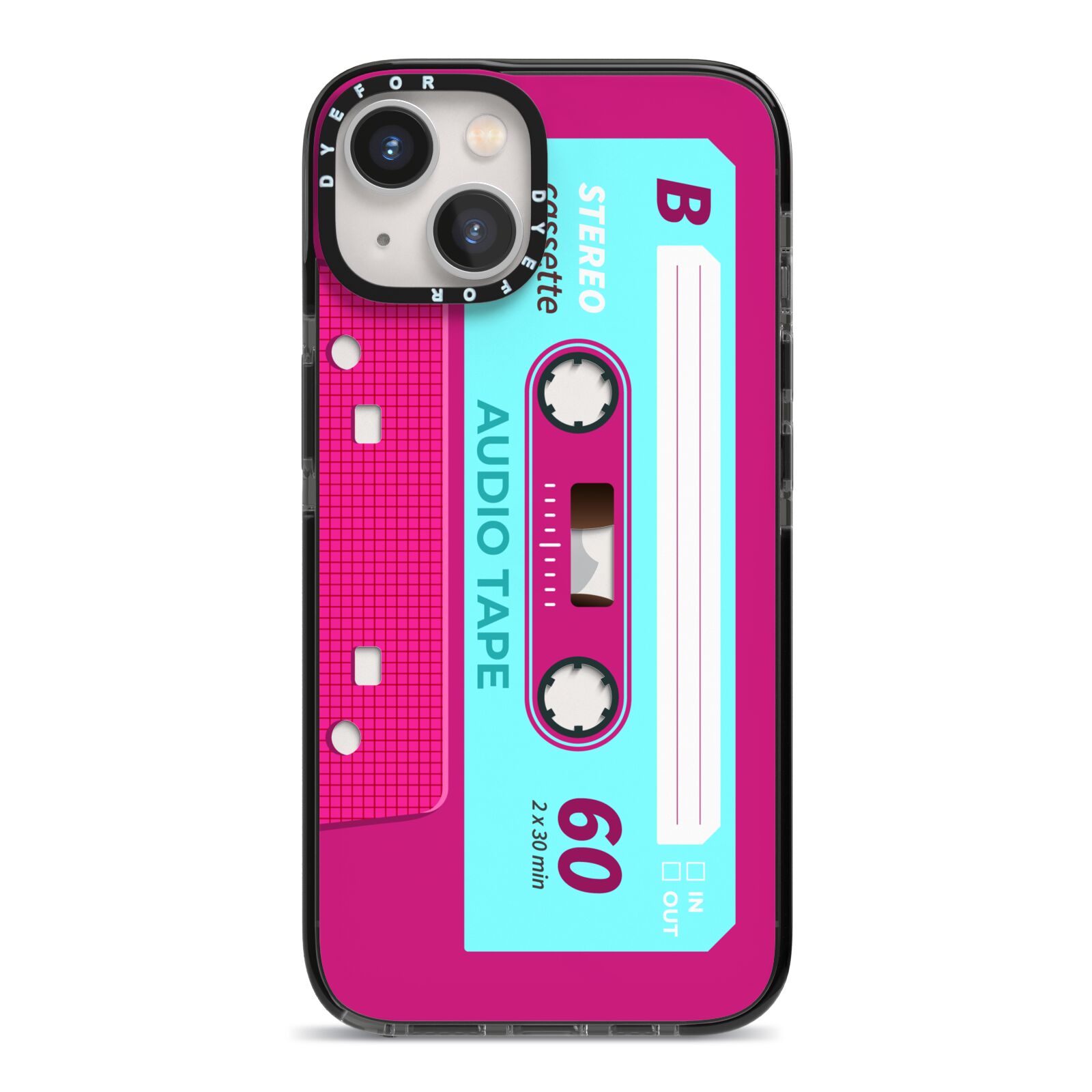 Bright Pink Cassette Tape iPhone 13 Black Impact Case on Silver phone