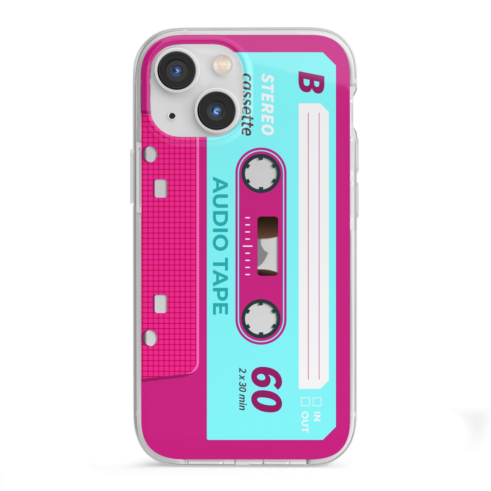 Bright Pink Cassette Tape iPhone 13 Mini TPU Impact Case with White Edges