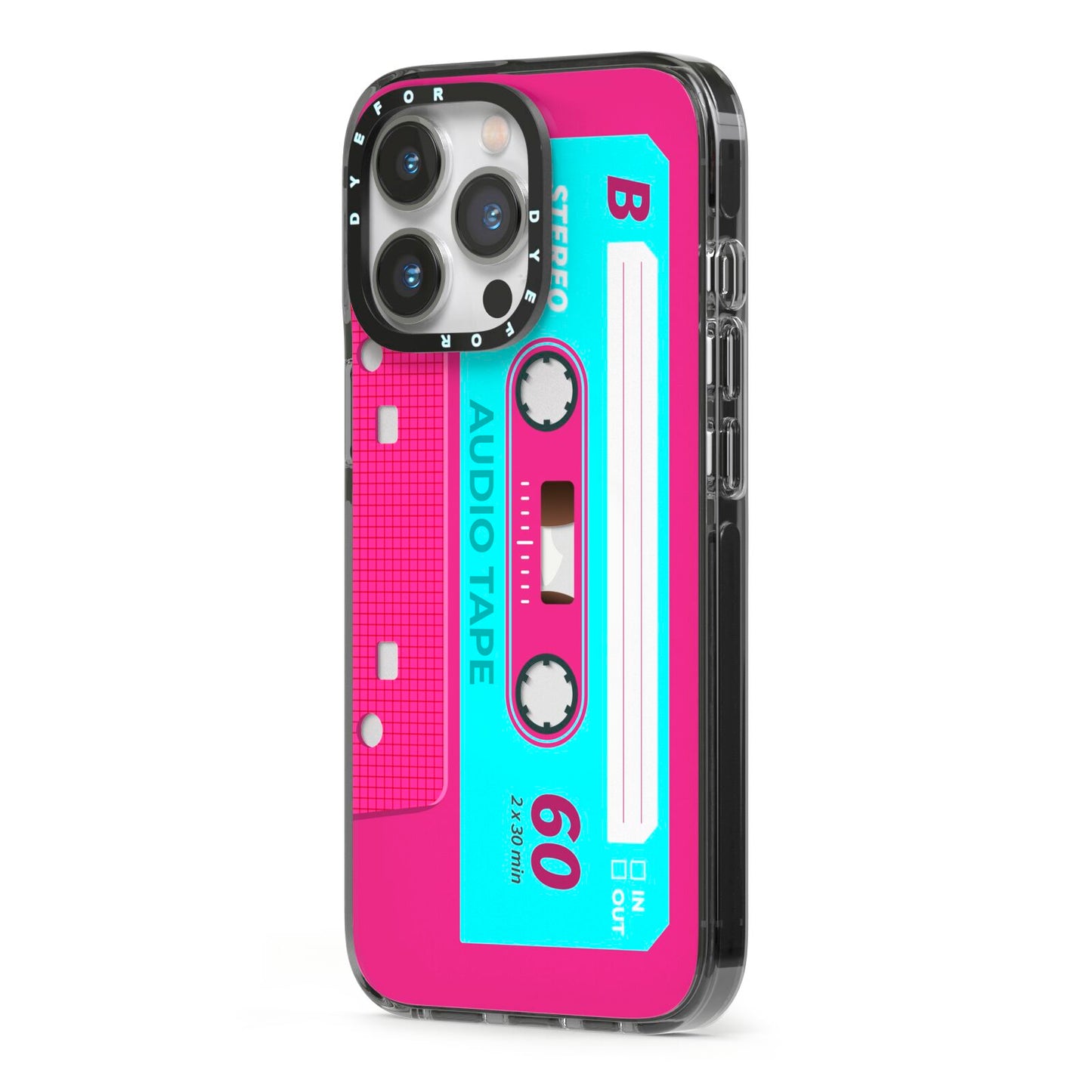 Bright Pink Cassette Tape iPhone 13 Pro Black Impact Case Side Angle on Silver phone