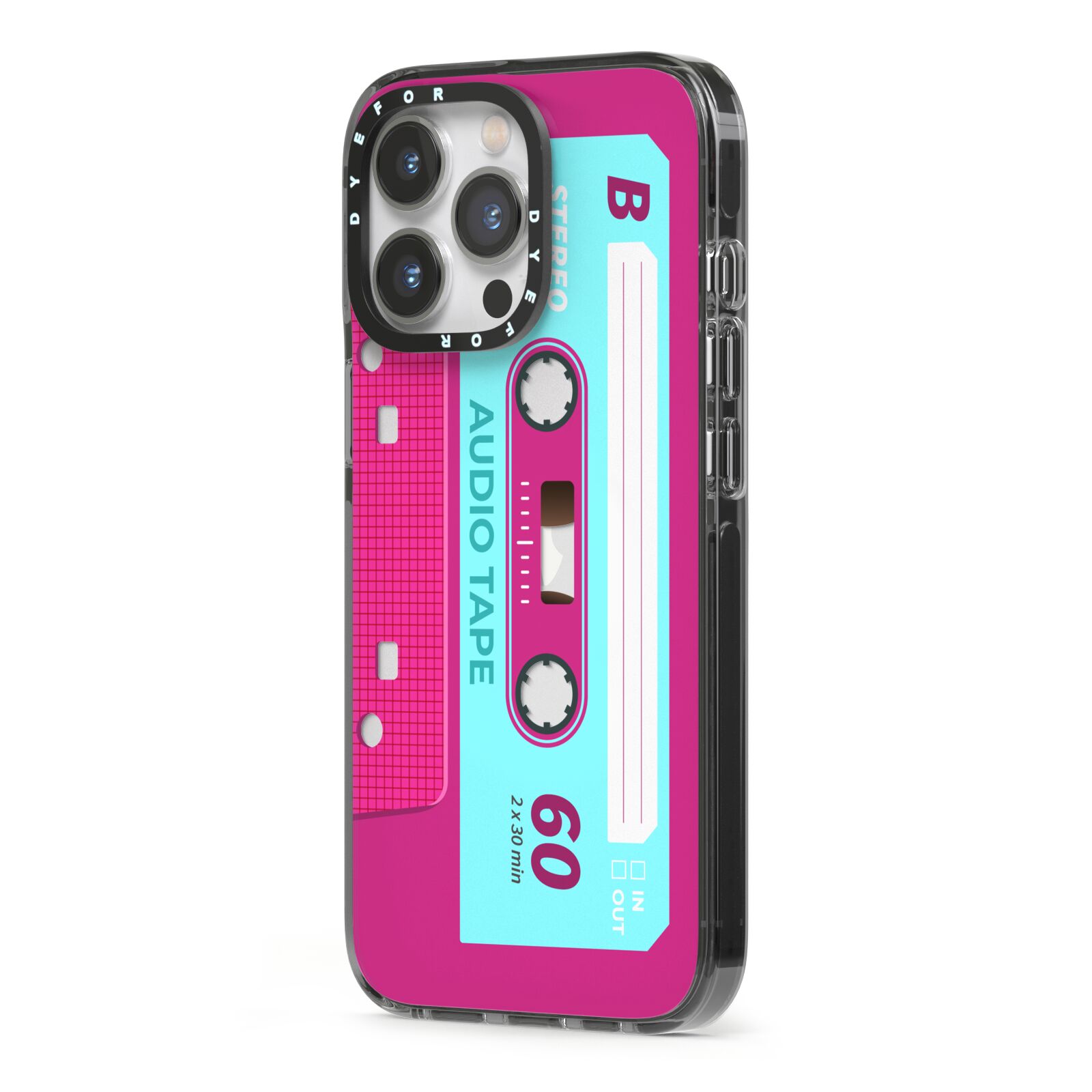 Bright Pink Cassette Tape iPhone 13 Pro Black Impact Case Side Angle on Silver phone