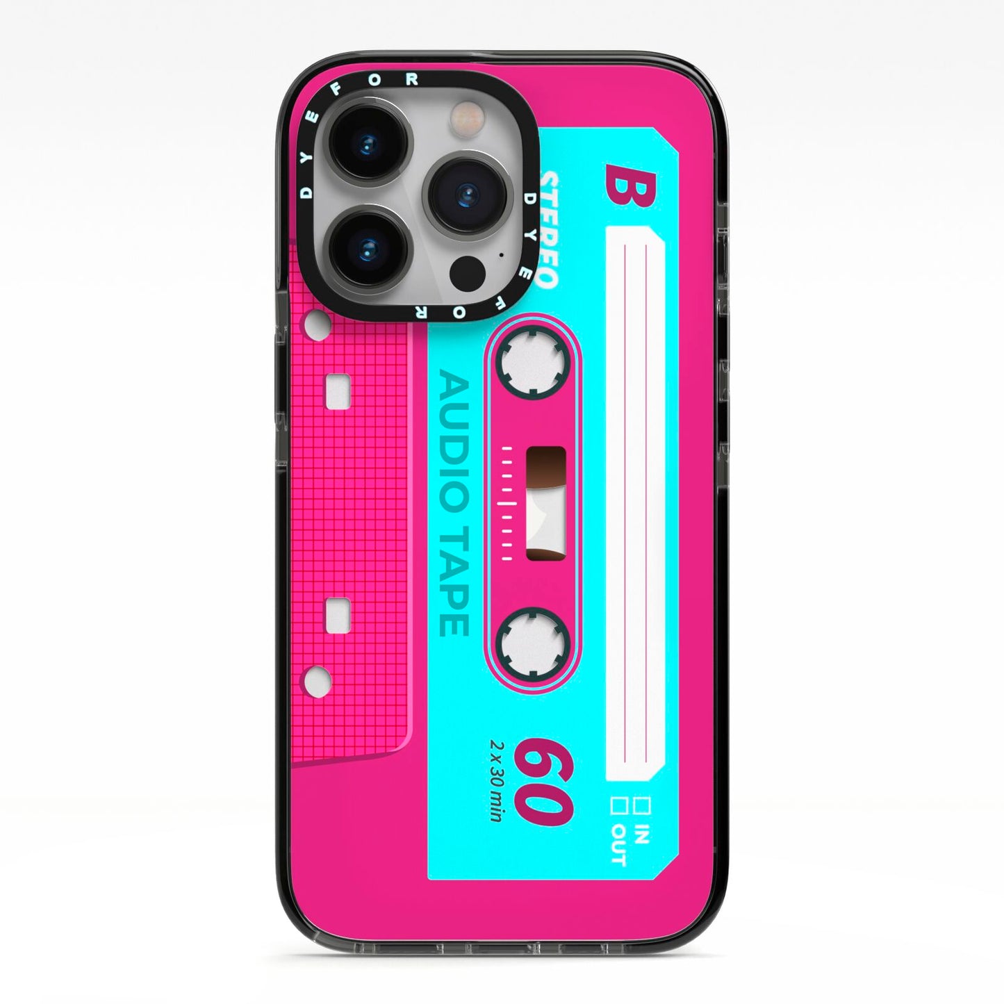 Bright Pink Cassette Tape iPhone 13 Pro Black Impact Case on Silver phone