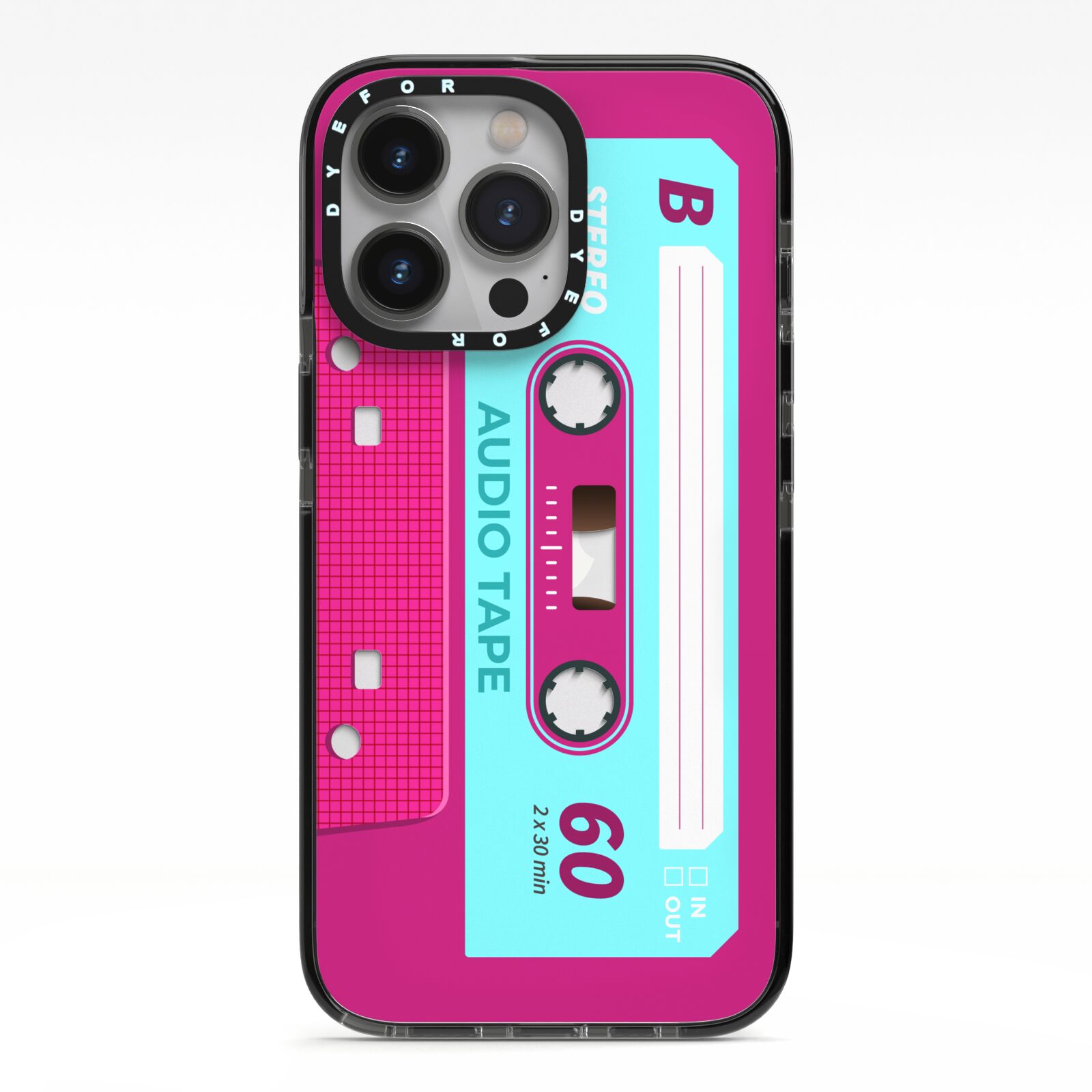 Bright Pink Cassette Tape iPhone 13 Pro Black Impact Case on Silver phone