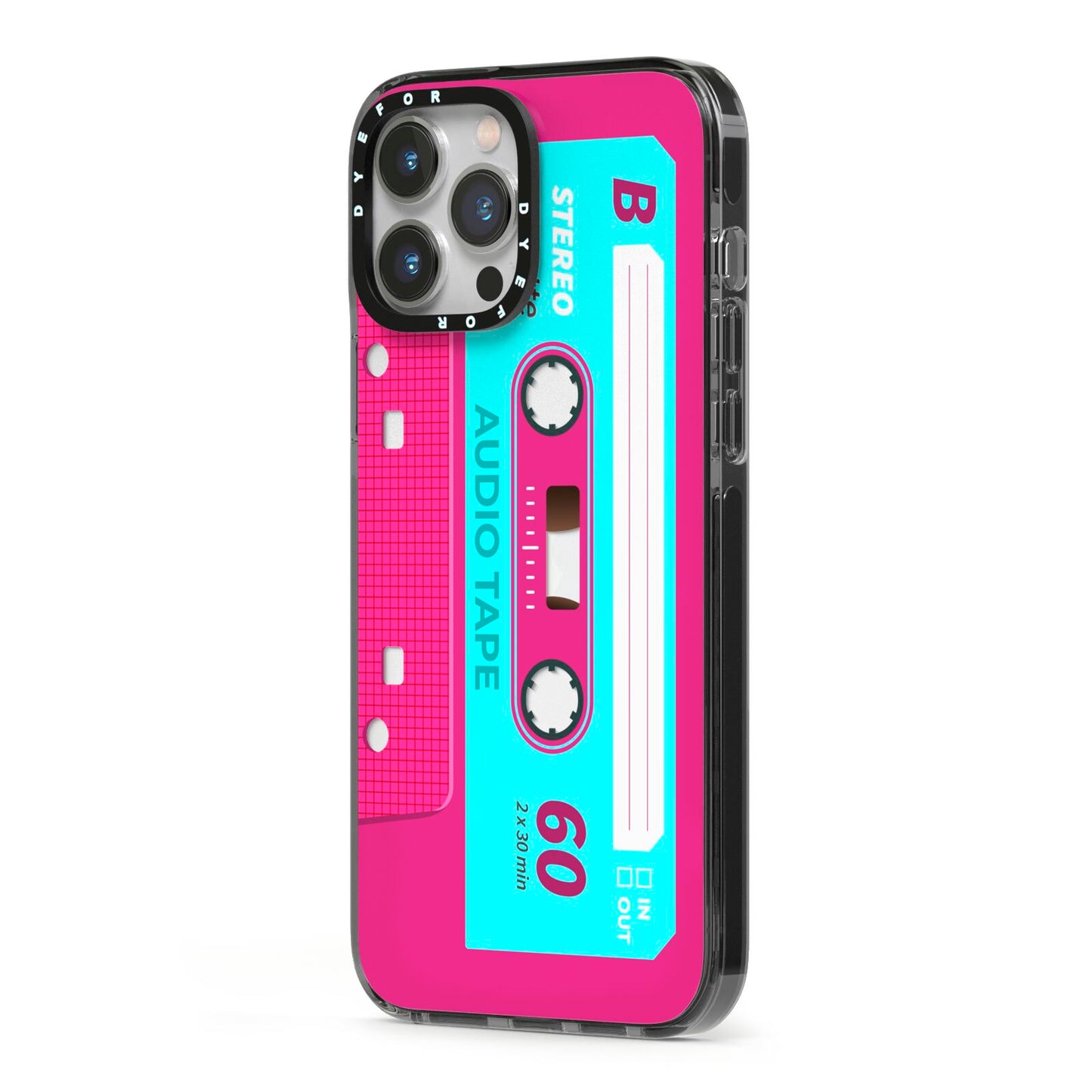 Bright Pink Cassette Tape iPhone 13 Pro Max Black Impact Case Side Angle on Silver phone