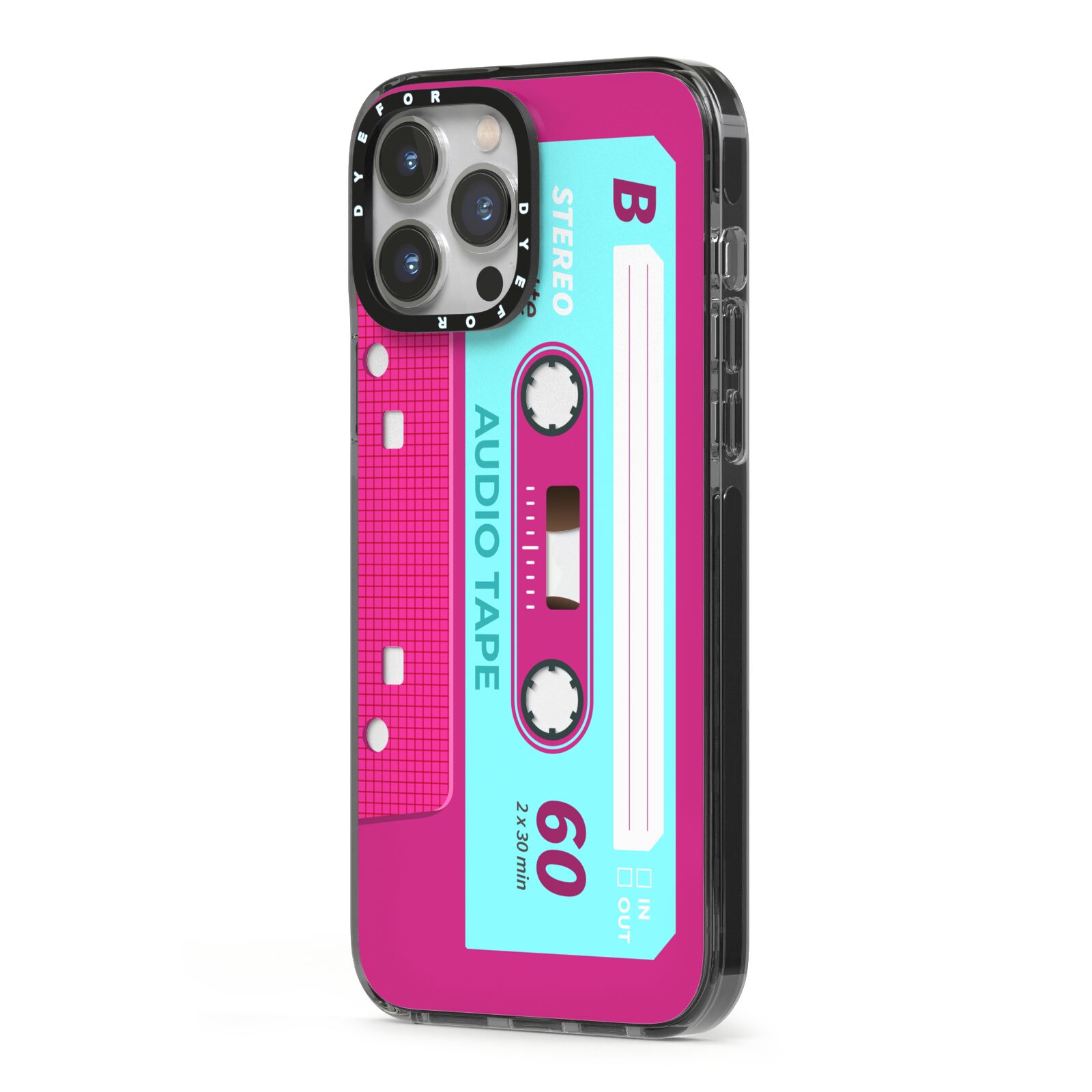 Bright Pink Cassette Tape iPhone 13 Pro Max Black Impact Case Side Angle on Silver phone