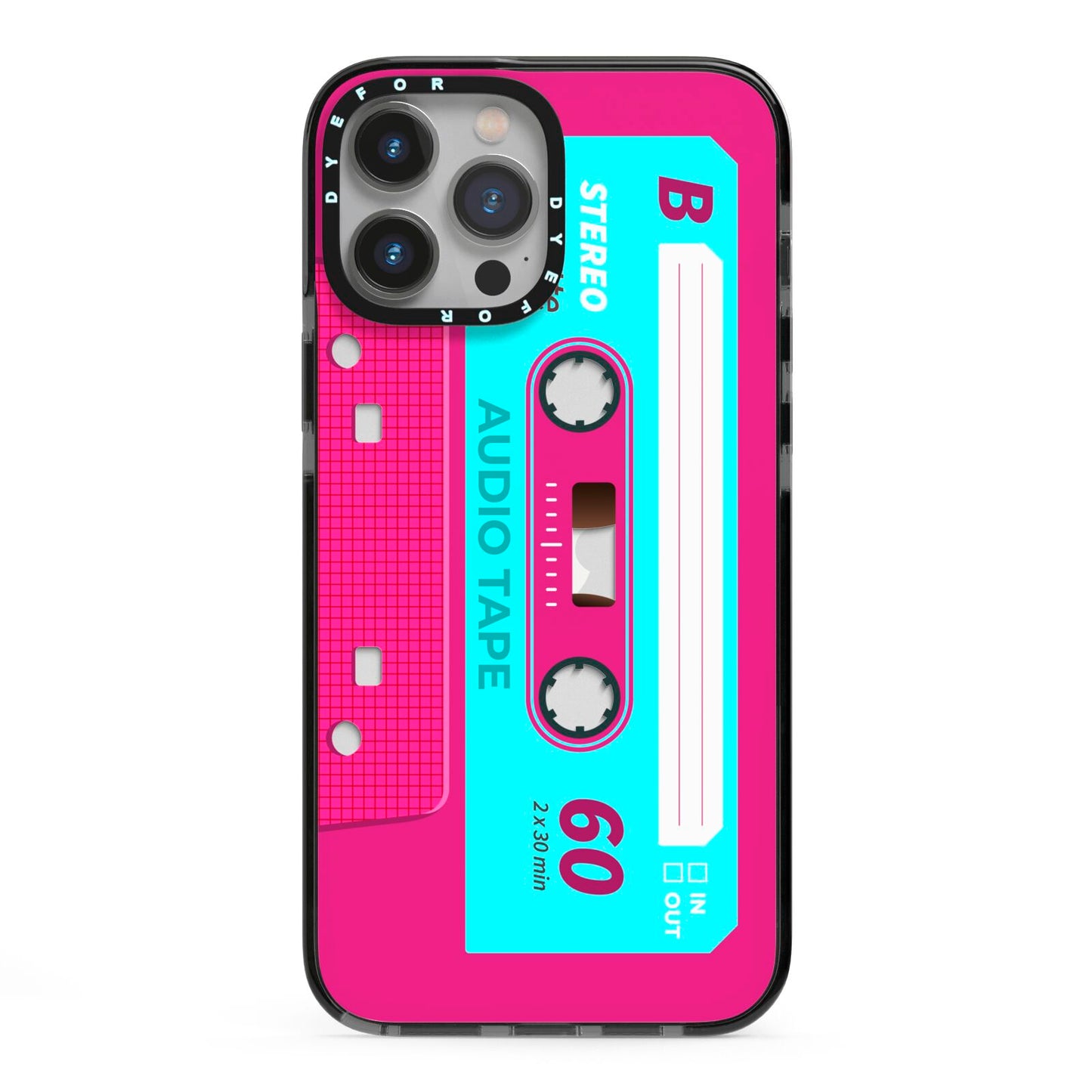 Bright Pink Cassette Tape iPhone 13 Pro Max Black Impact Case on Silver phone