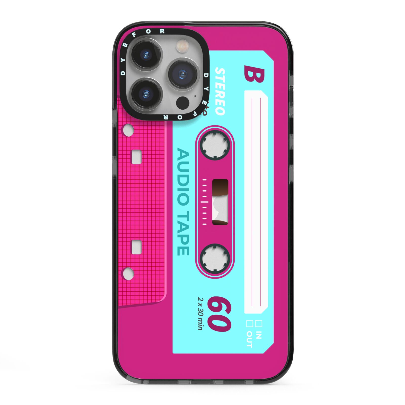 Bright Pink Cassette Tape iPhone 13 Pro Max Black Impact Case on Silver phone