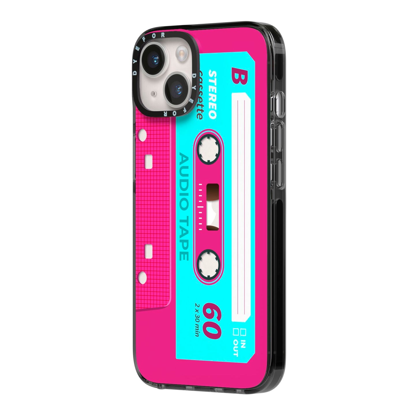 Bright Pink Cassette Tape iPhone 14 Black Impact Case Side Angle on Silver phone