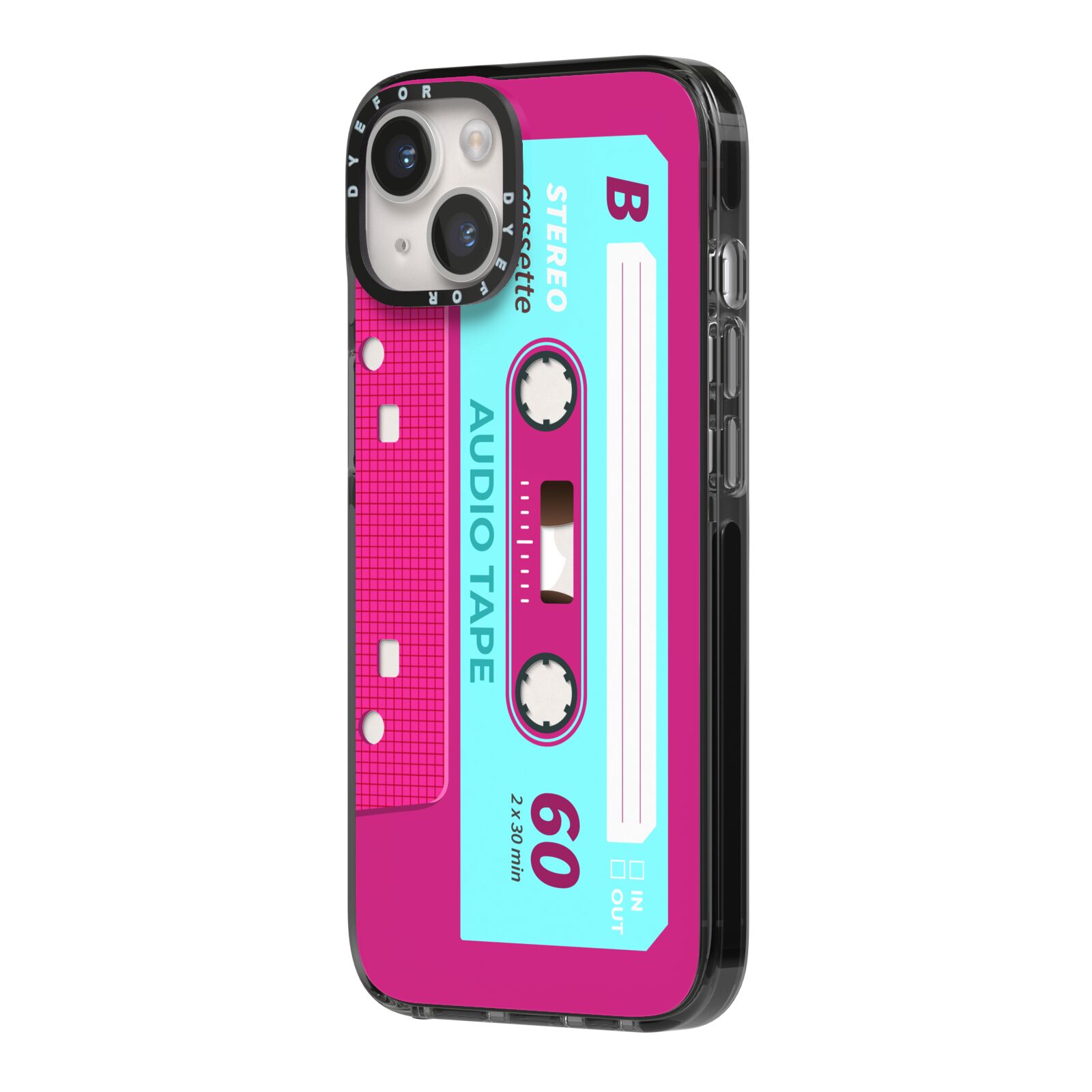 Bright Pink Cassette Tape iPhone 14 Black Impact Case Side Angle on Silver phone