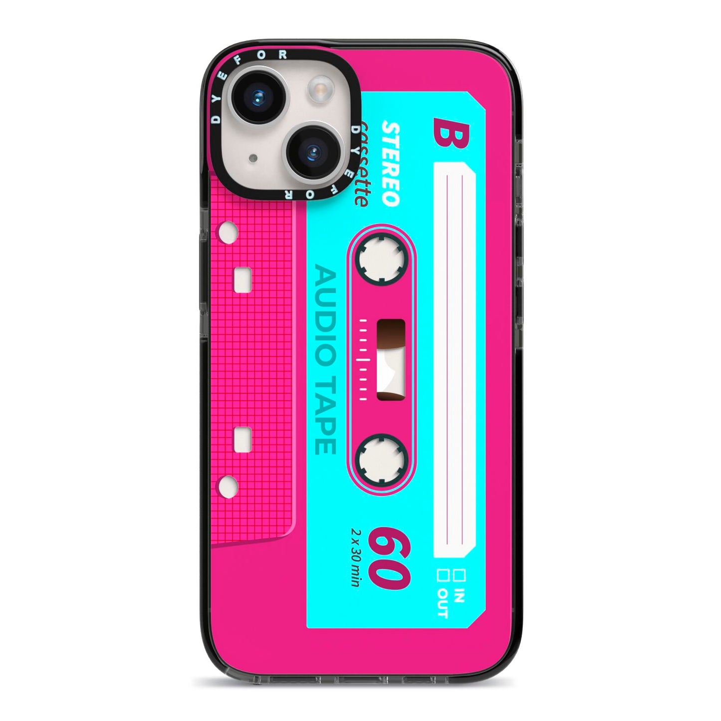 Bright Pink Cassette Tape iPhone 14 Black Impact Case on Silver phone