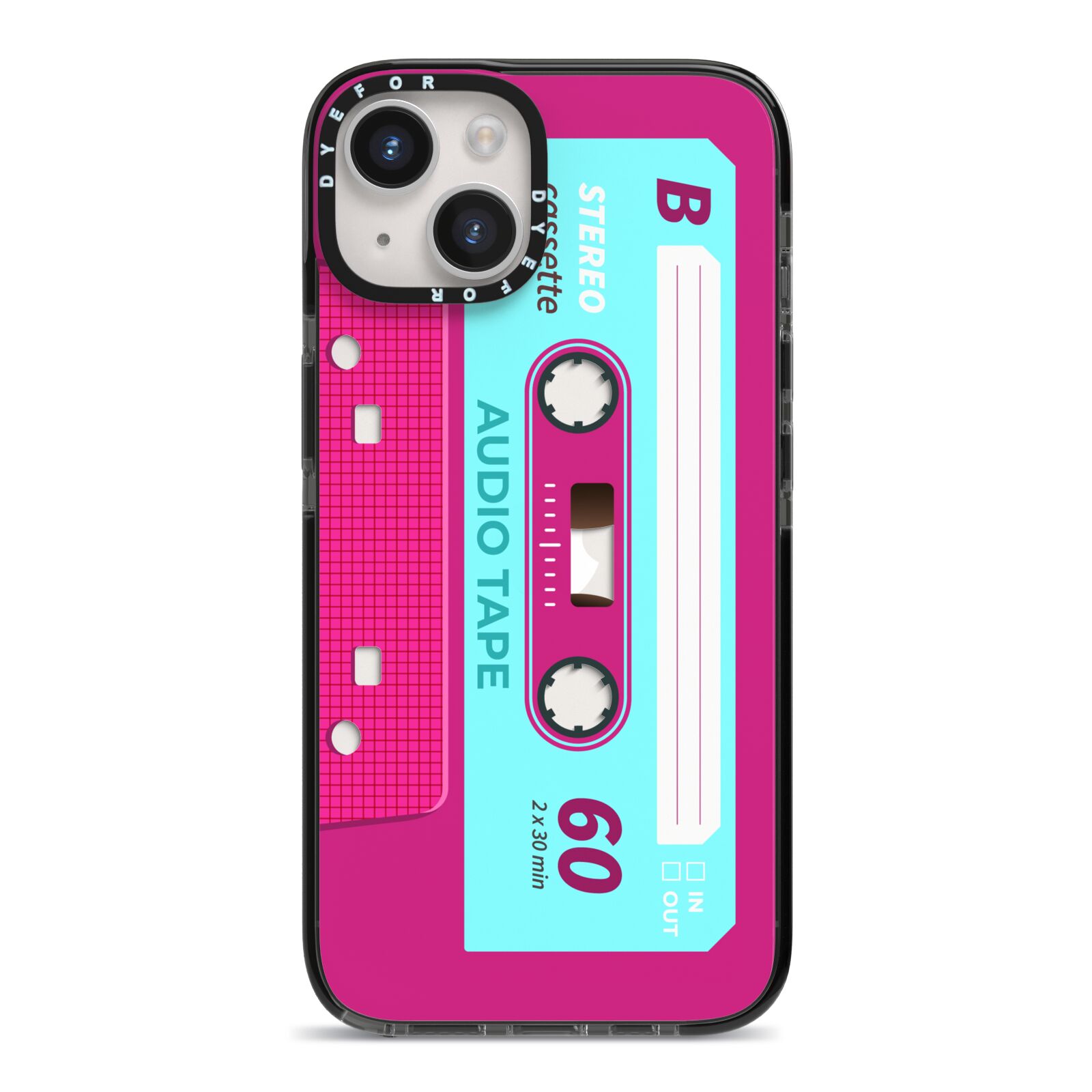 Bright Pink Cassette Tape iPhone 14 Black Impact Case on Silver phone