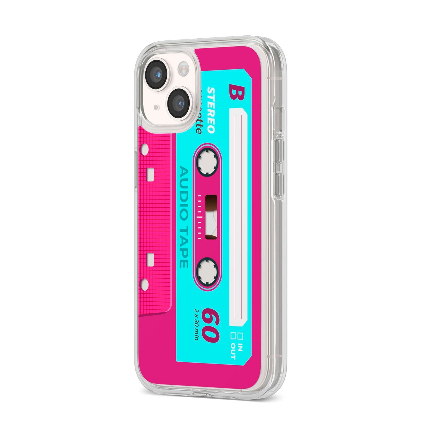 Bright Pink Cassette Tape iPhone 14 Clear Tough Case Starlight Angled Image