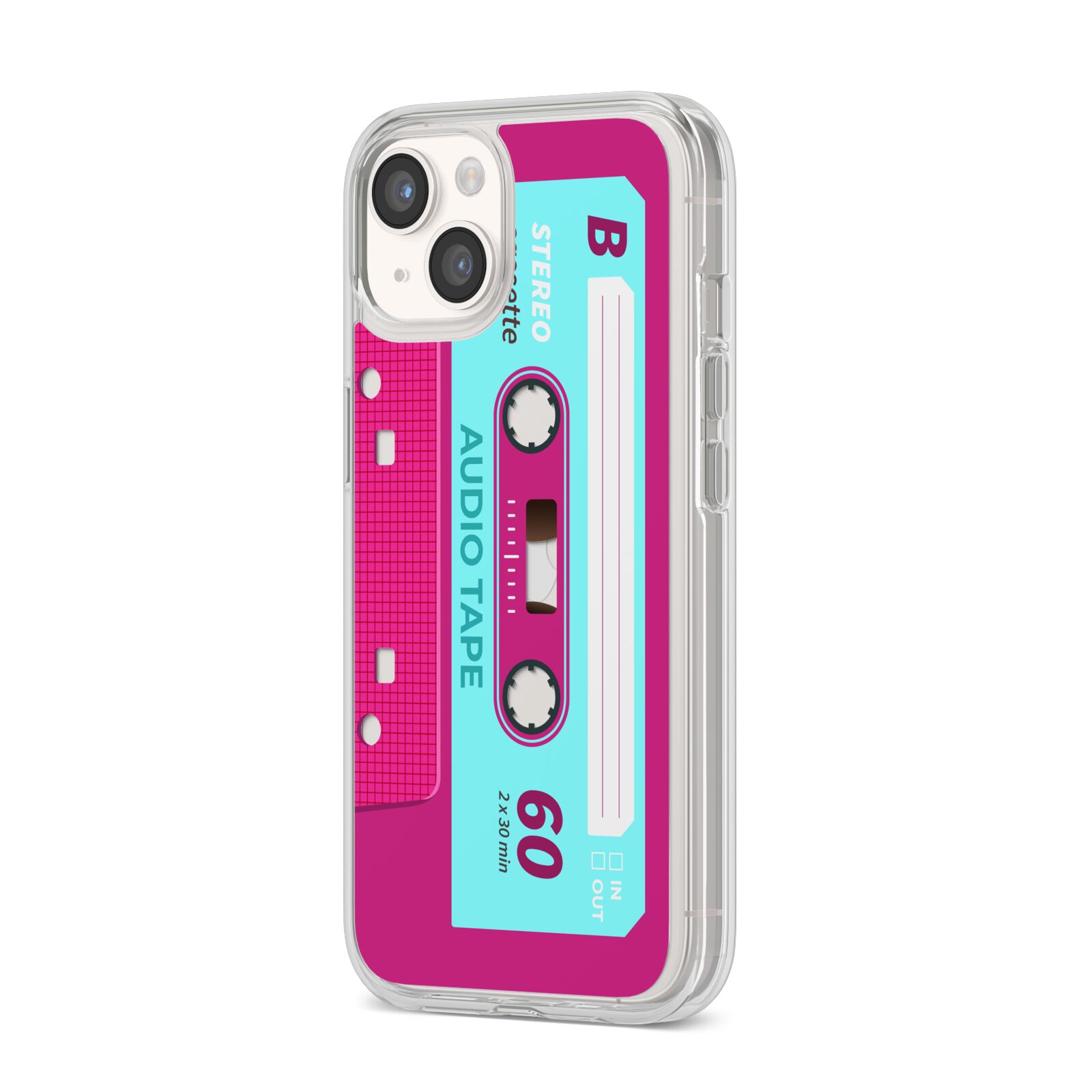 Bright Pink Cassette Tape iPhone 14 Clear Tough Case Starlight Angled Image