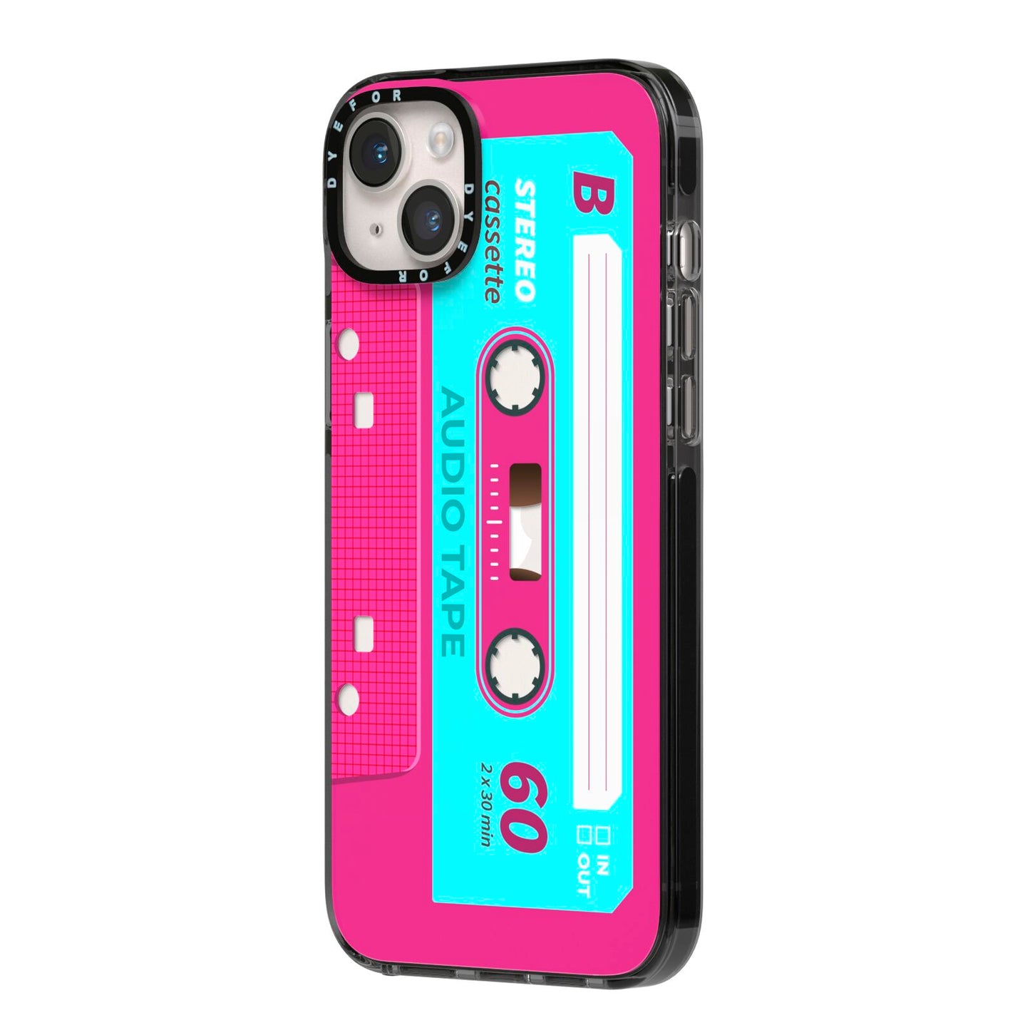 Bright Pink Cassette Tape iPhone 14 Plus Black Impact Case Side Angle on Silver phone