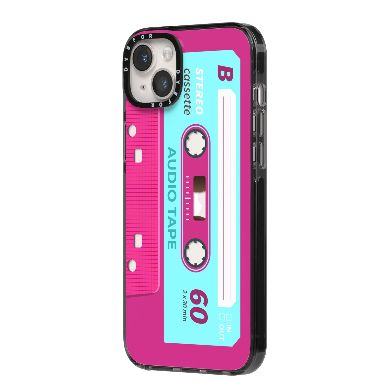 Bright Pink Cassette Tape iPhone 14 Plus Black Impact Case Side Angle on Silver phone