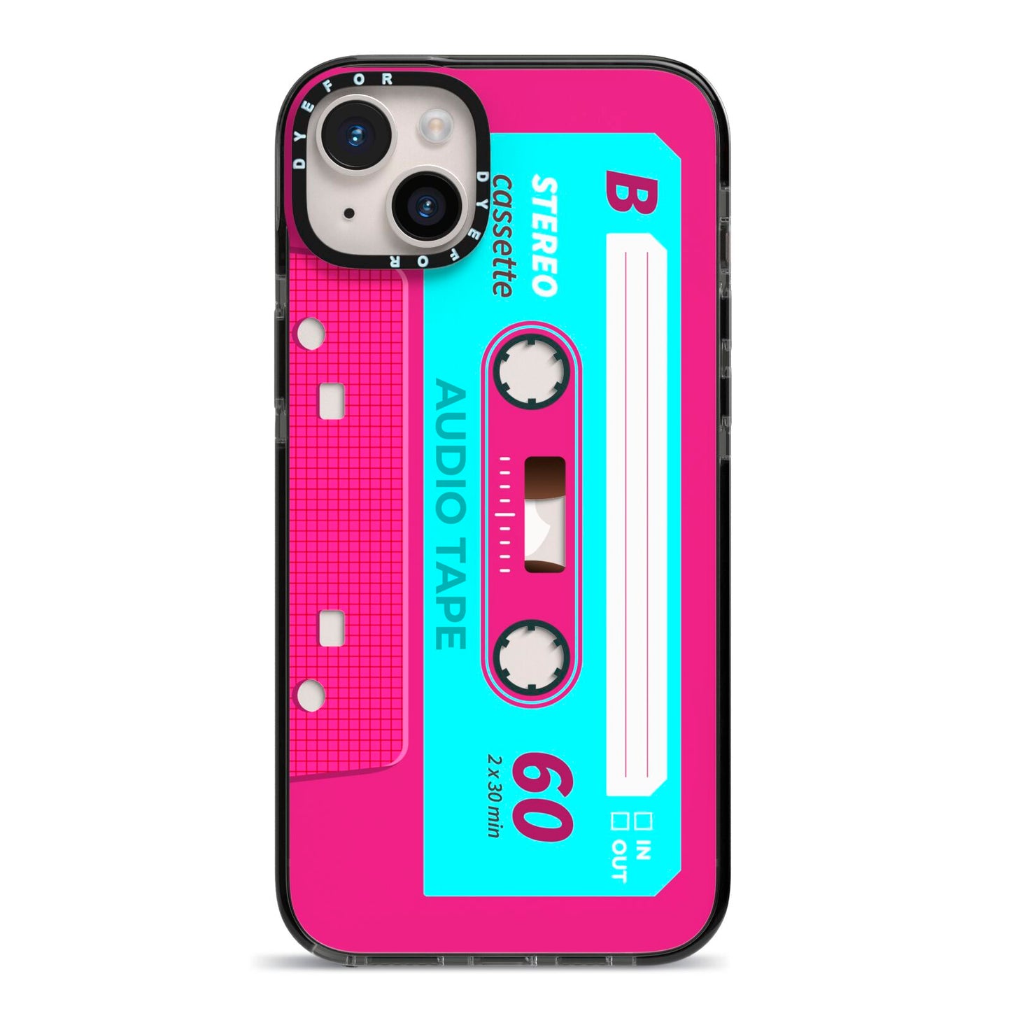 Bright Pink Cassette Tape iPhone 14 Plus Black Impact Case on Silver phone