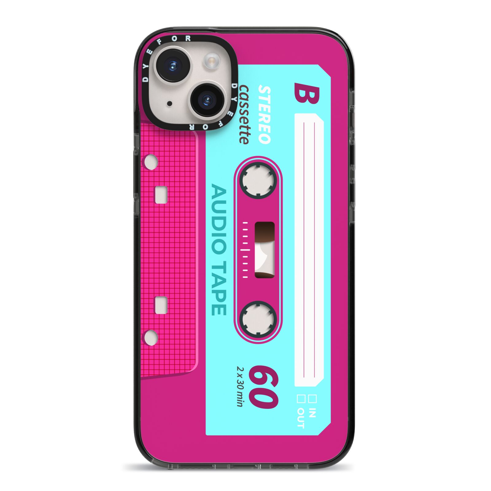 Bright Pink Cassette Tape iPhone 14 Plus Black Impact Case on Silver phone