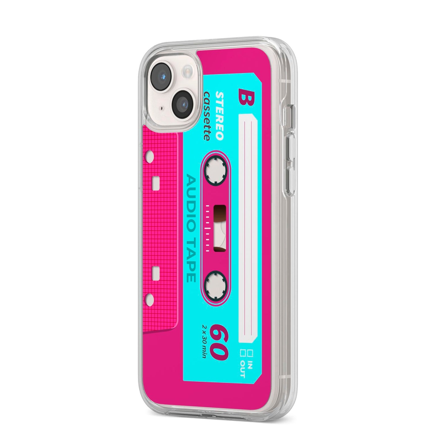 Bright Pink Cassette Tape iPhone 14 Plus Clear Tough Case Starlight Angled Image