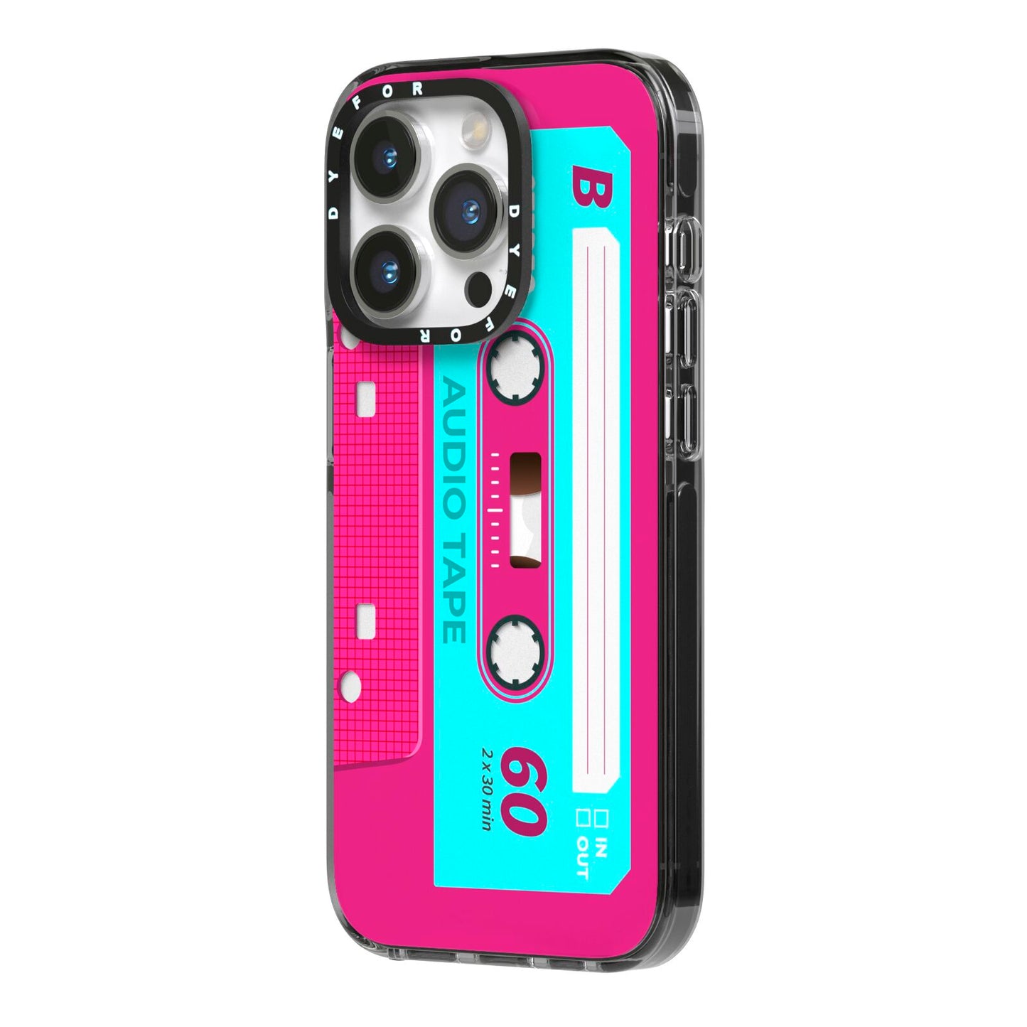 Bright Pink Cassette Tape iPhone 14 Pro Black Impact Case Side Angle on Silver phone