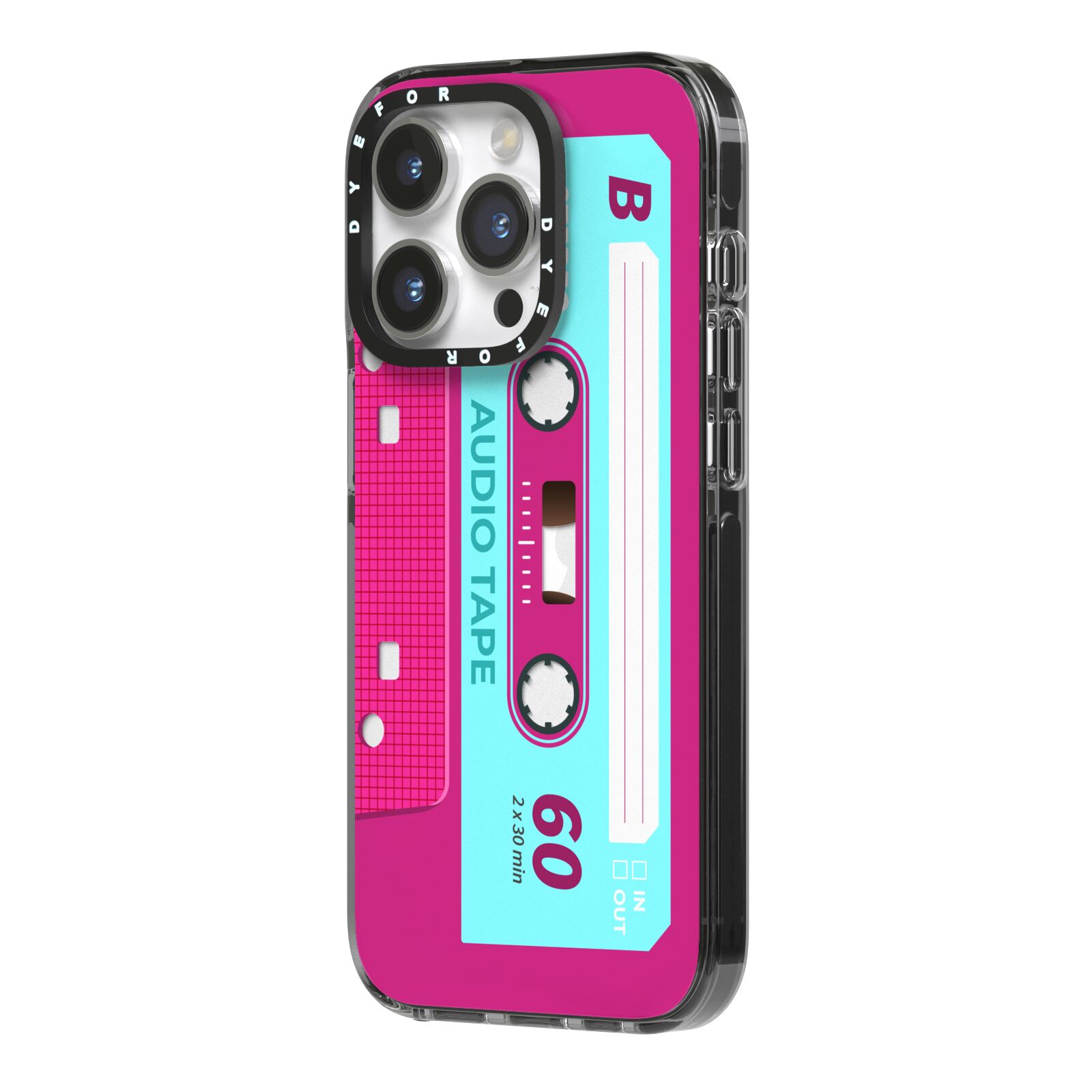 Bright Pink Cassette Tape iPhone 14 Pro Black Impact Case Side Angle on Silver phone