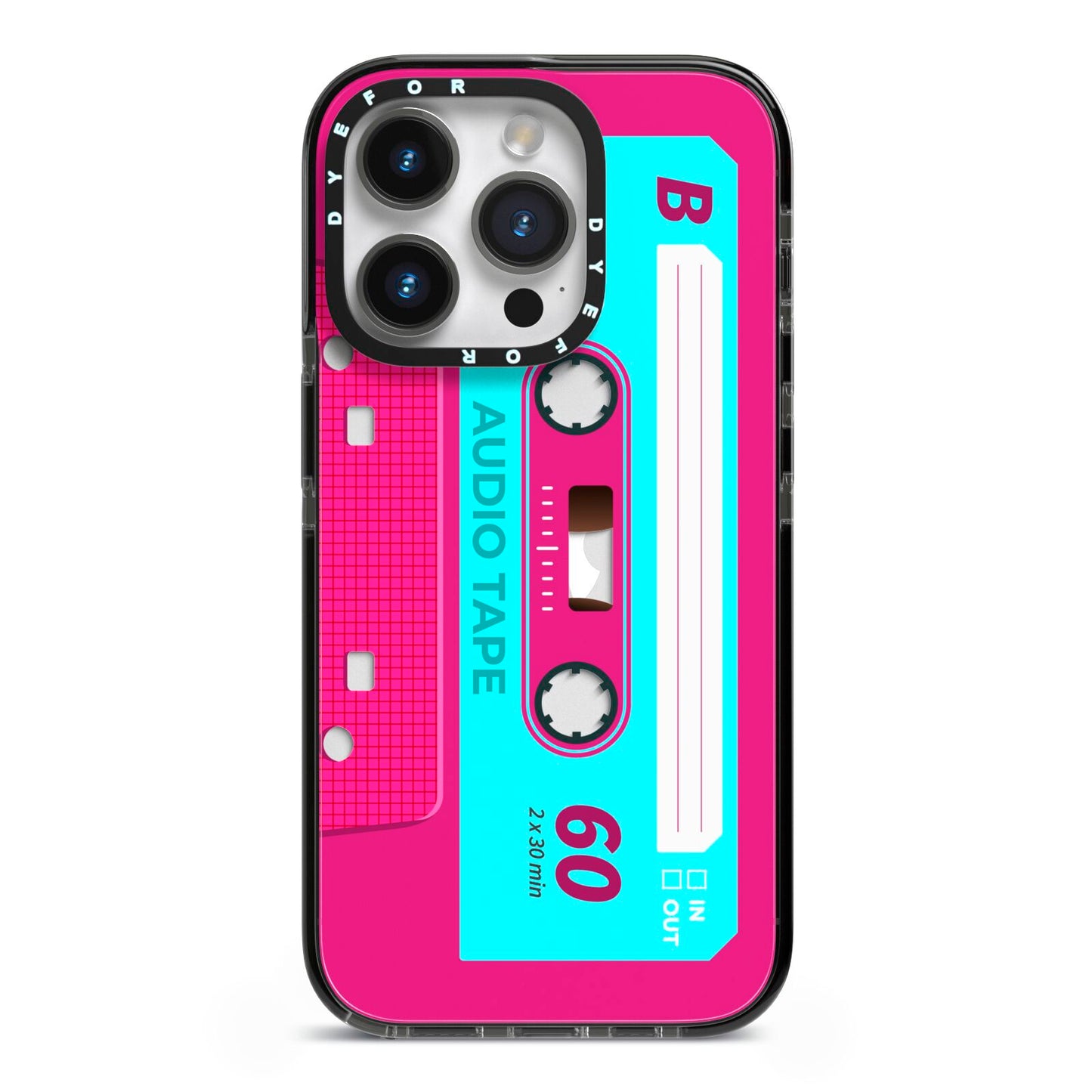 Bright Pink Cassette Tape iPhone 14 Pro Black Impact Case on Silver phone