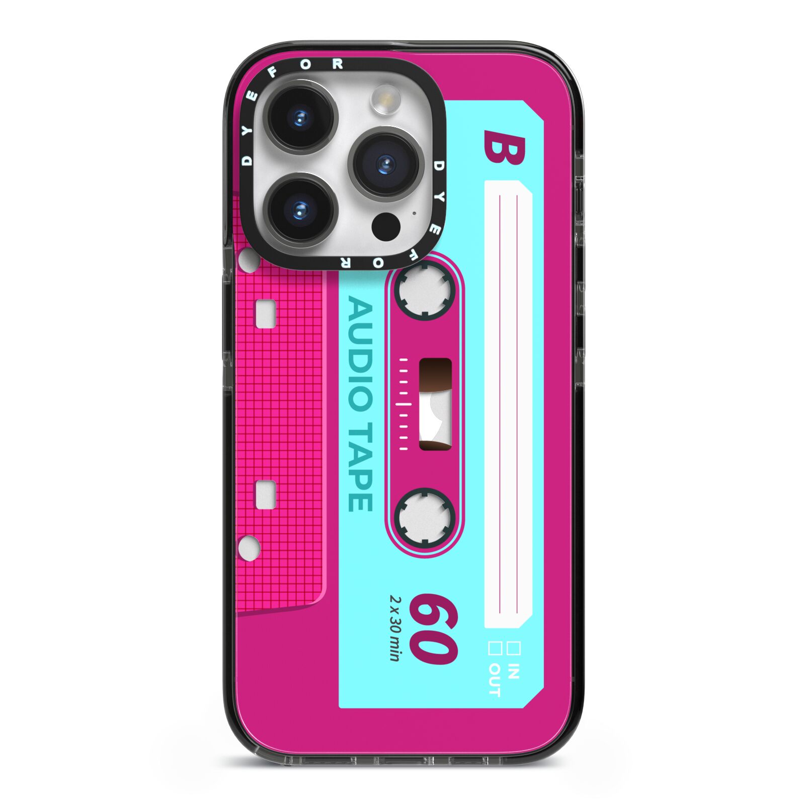 Bright Pink Cassette Tape iPhone 14 Pro Black Impact Case on Silver phone