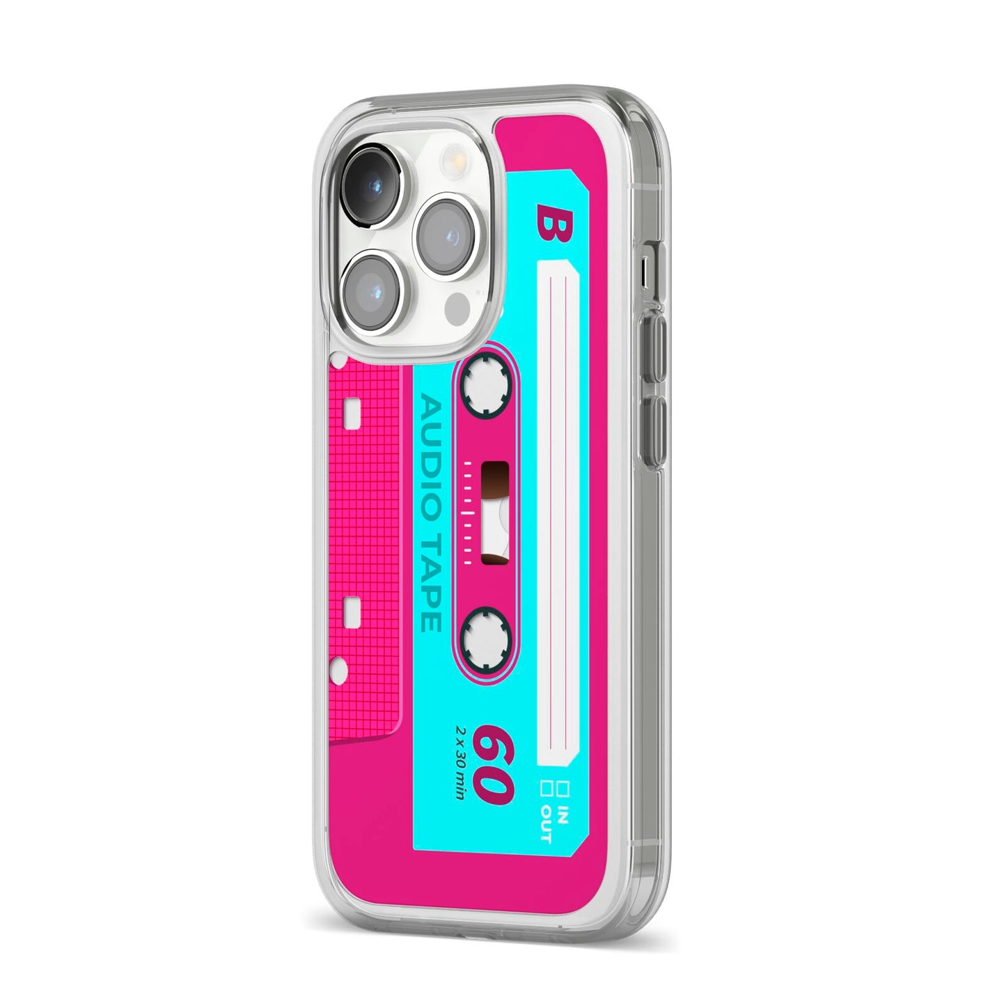 Bright Pink Cassette Tape iPhone 14 Pro Clear Tough Case Silver Angled Image