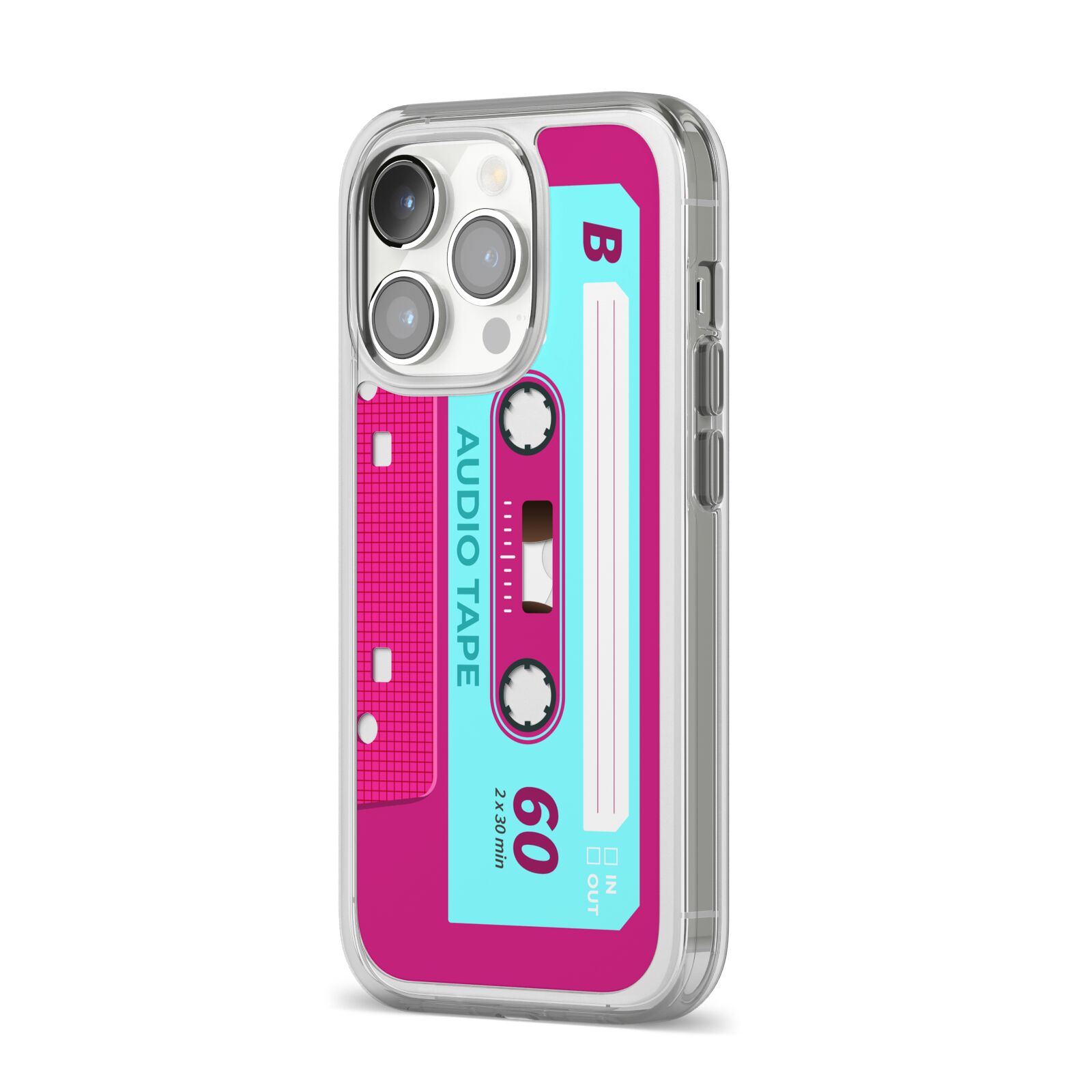 Bright Pink Cassette Tape iPhone 14 Pro Clear Tough Case Silver Angled Image