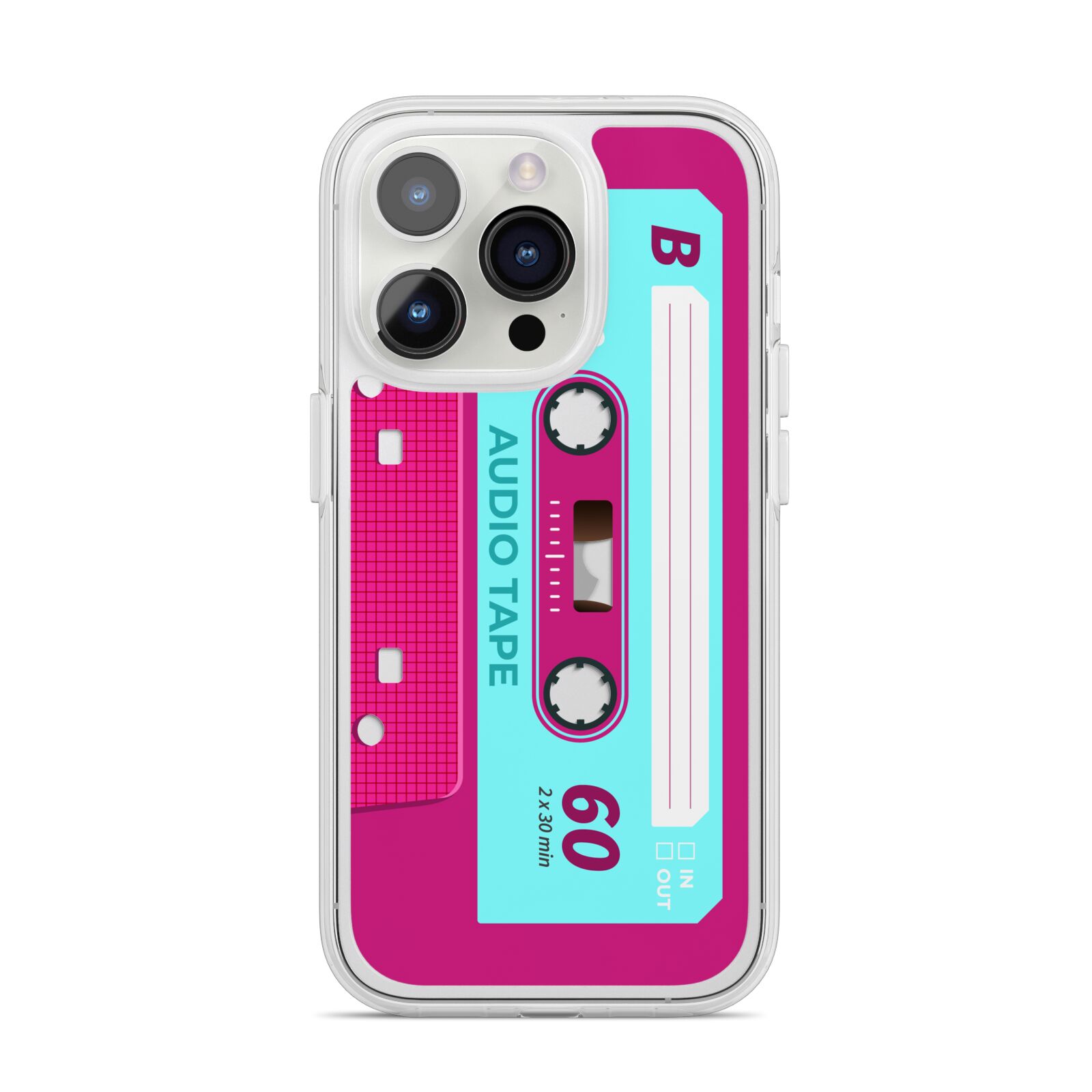 Bright Pink Cassette Tape iPhone 14 Pro Clear Tough Case Silver