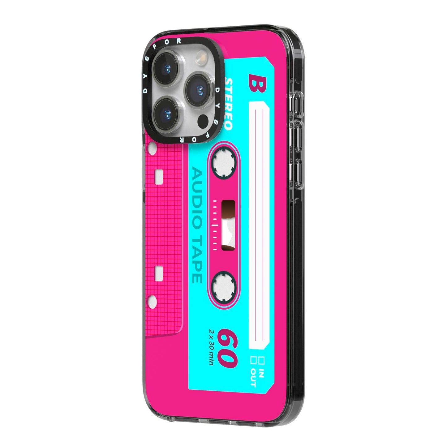 Bright Pink Cassette Tape iPhone 14 Pro Max Black Impact Case Side Angle on Silver phone