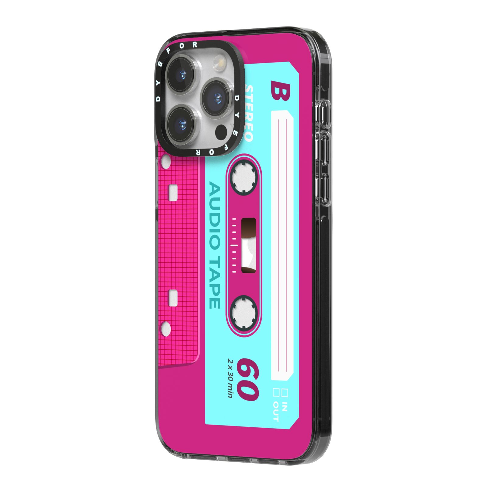 Bright Pink Cassette Tape iPhone 14 Pro Max Black Impact Case Side Angle on Silver phone