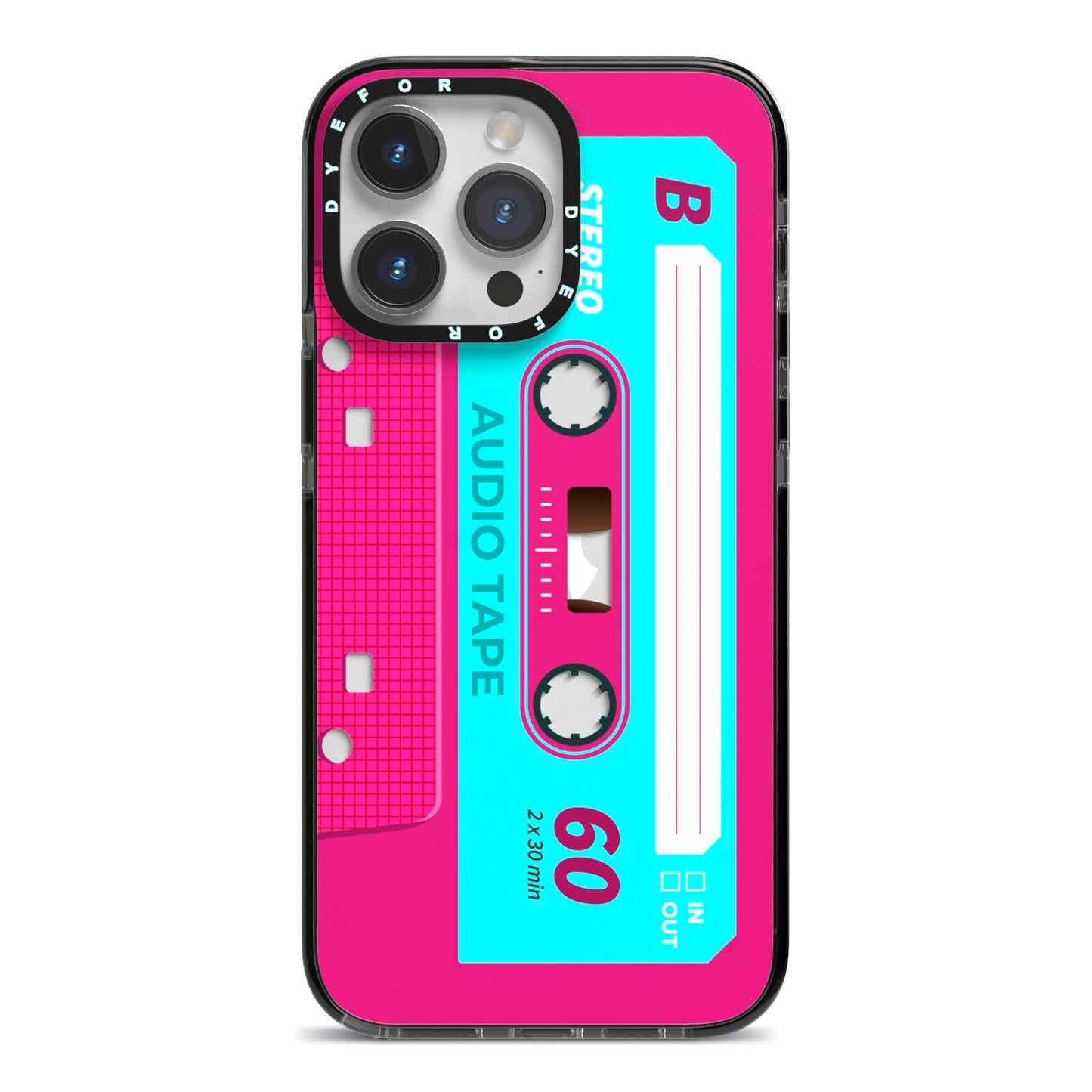 Bright Pink Cassette Tape iPhone 14 Pro Max Black Impact Case on Silver phone