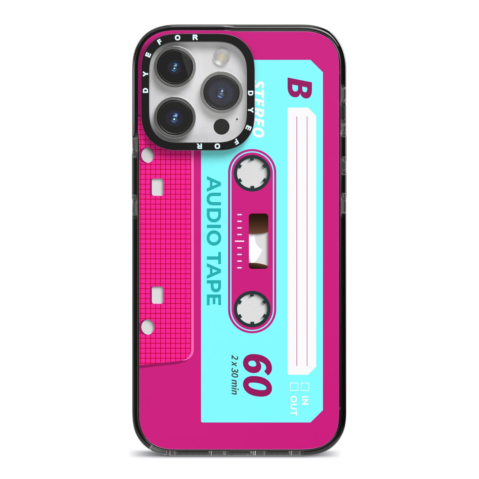 Bright Pink Cassette Tape iPhone 14 Pro Max Black Impact Case on Silver phone