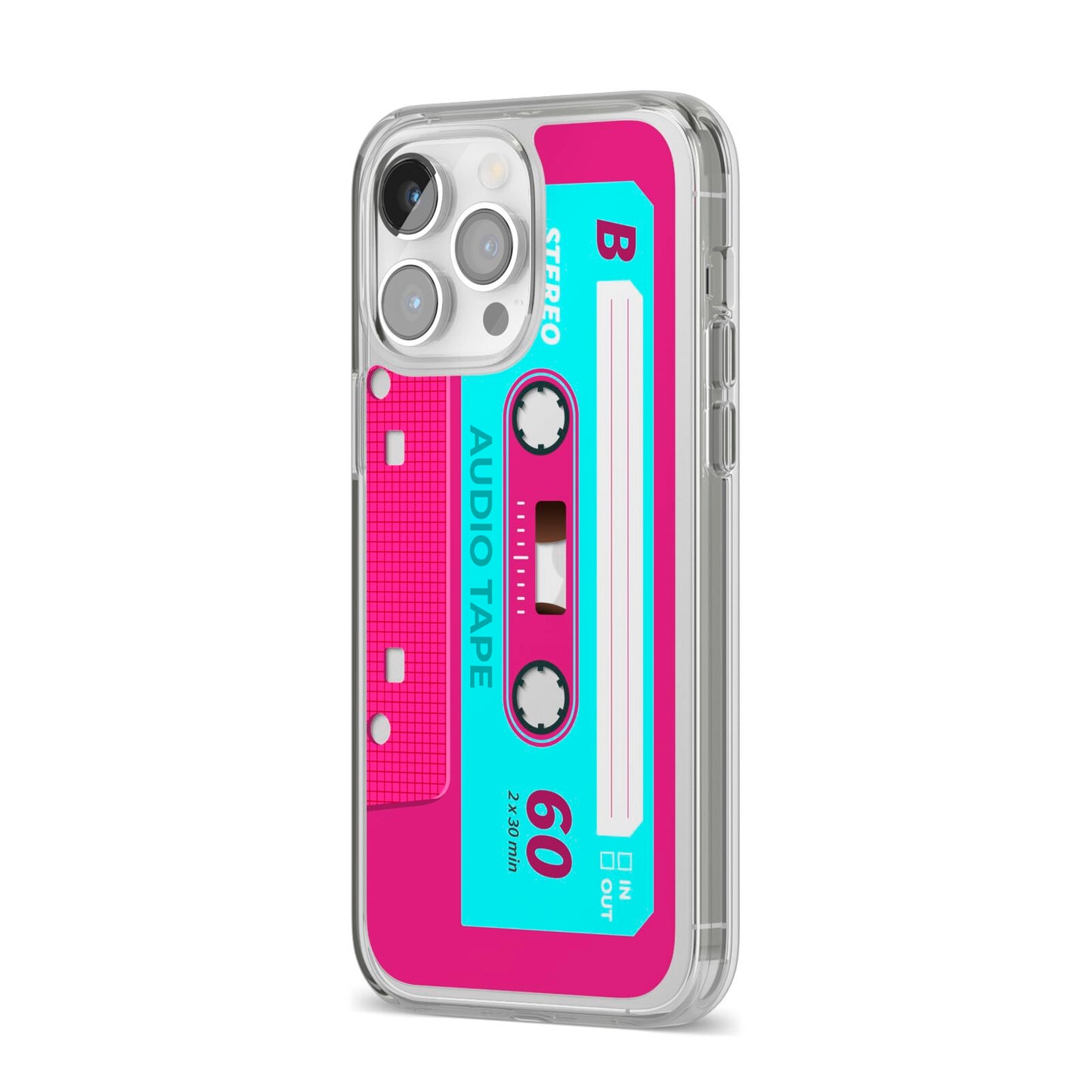 Bright Pink Cassette Tape iPhone 14 Pro Max Clear Tough Case Silver Angled Image