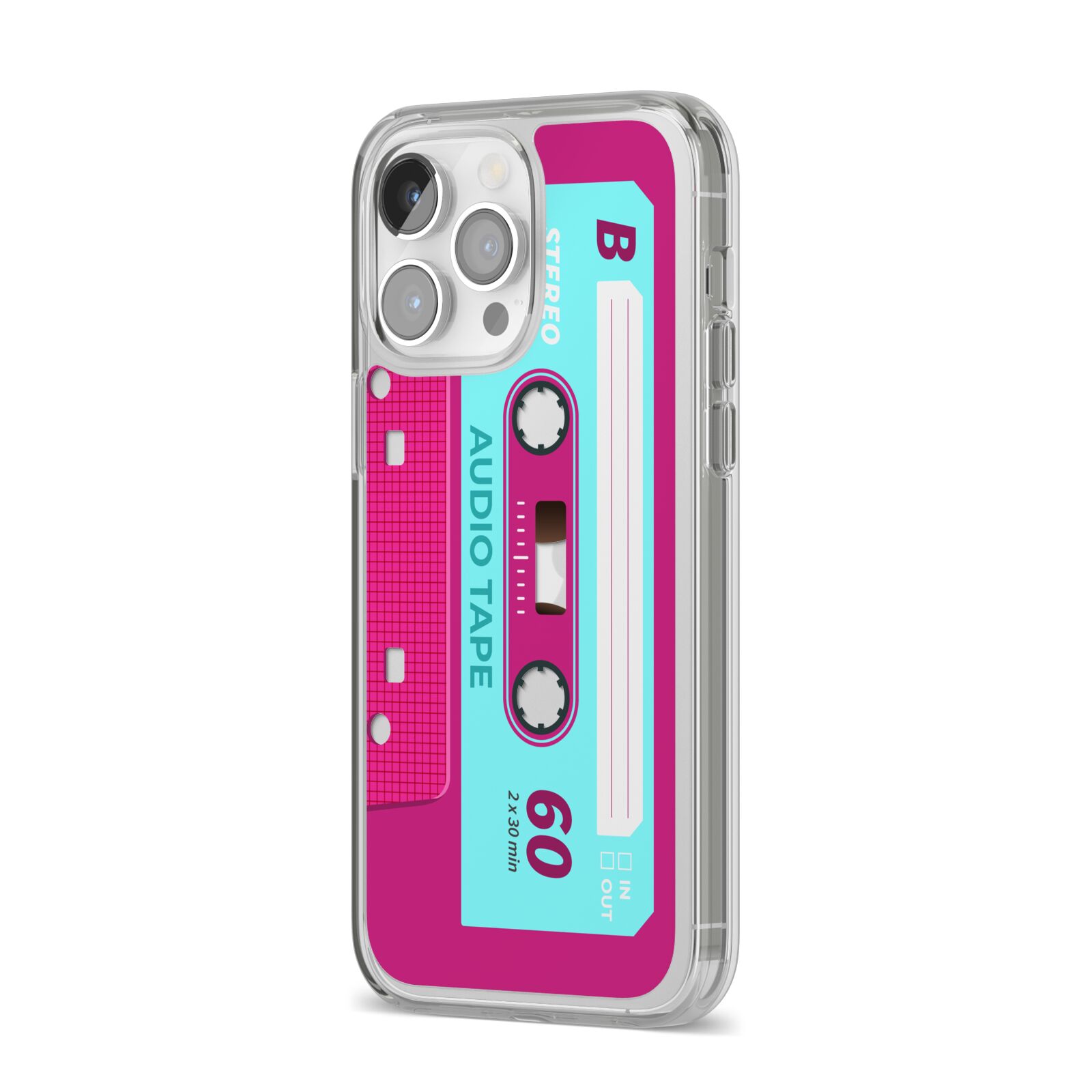 Bright Pink Cassette Tape iPhone 14 Pro Max Clear Tough Case Silver Angled Image