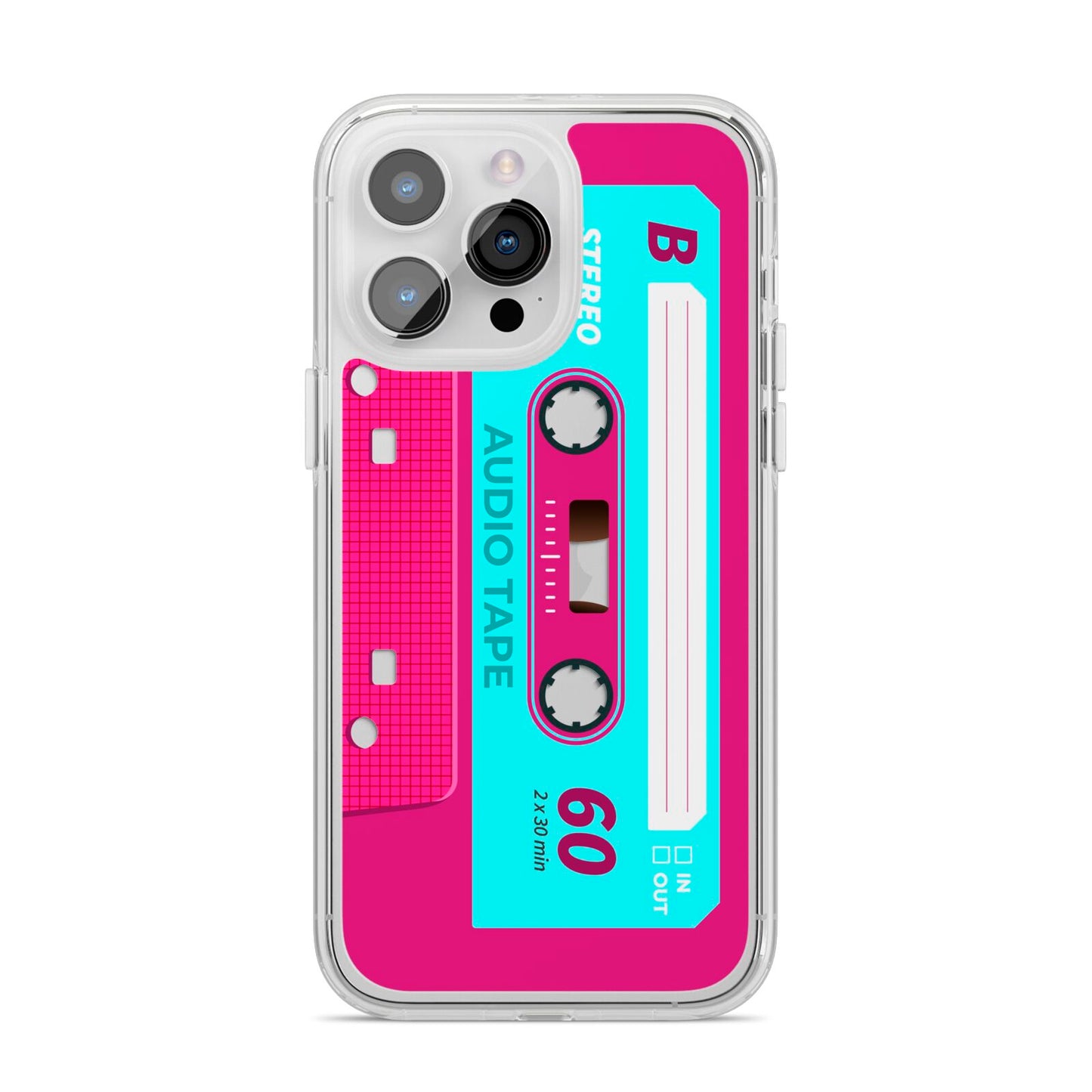 Bright Pink Cassette Tape iPhone 14 Pro Max Clear Tough Case Silver