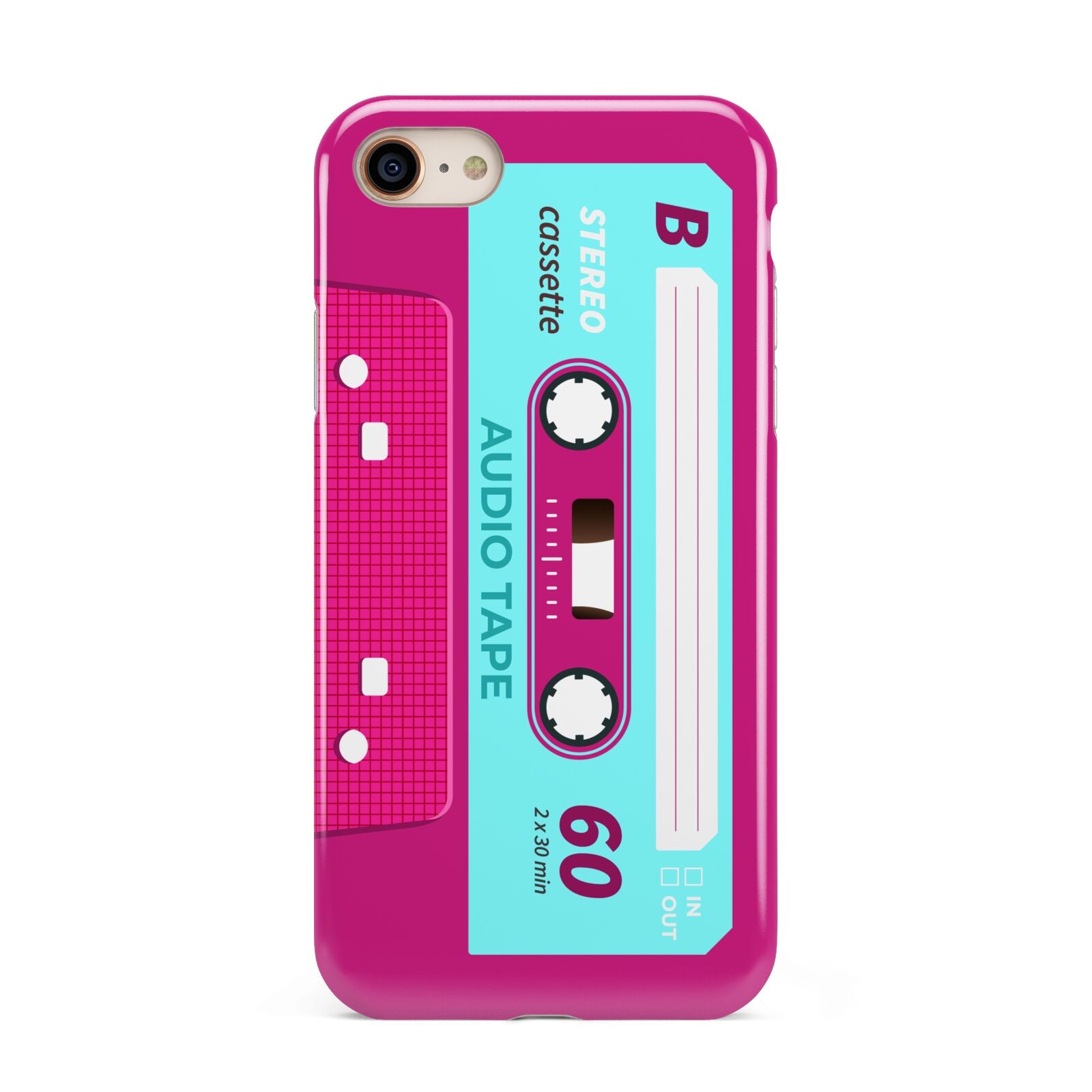 Bright Pink Cassette Tape iPhone 8 3D Tough Case on Gold Phone