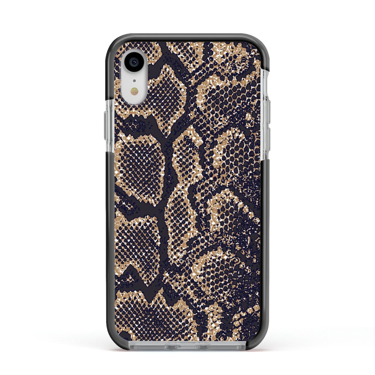 Brown Snakeskin Apple iPhone XR Impact Case Black Edge on Silver Phone