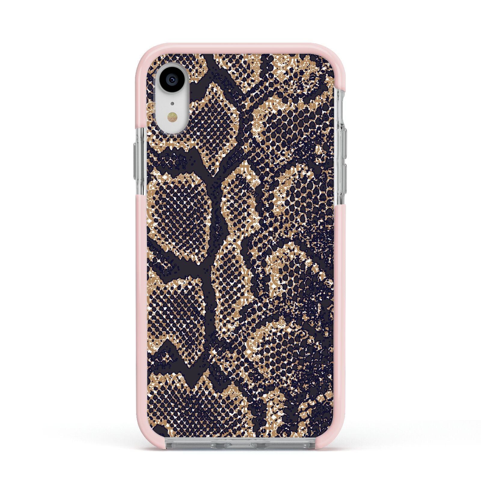 Brown Snakeskin Apple iPhone XR Impact Case Pink Edge on Silver Phone