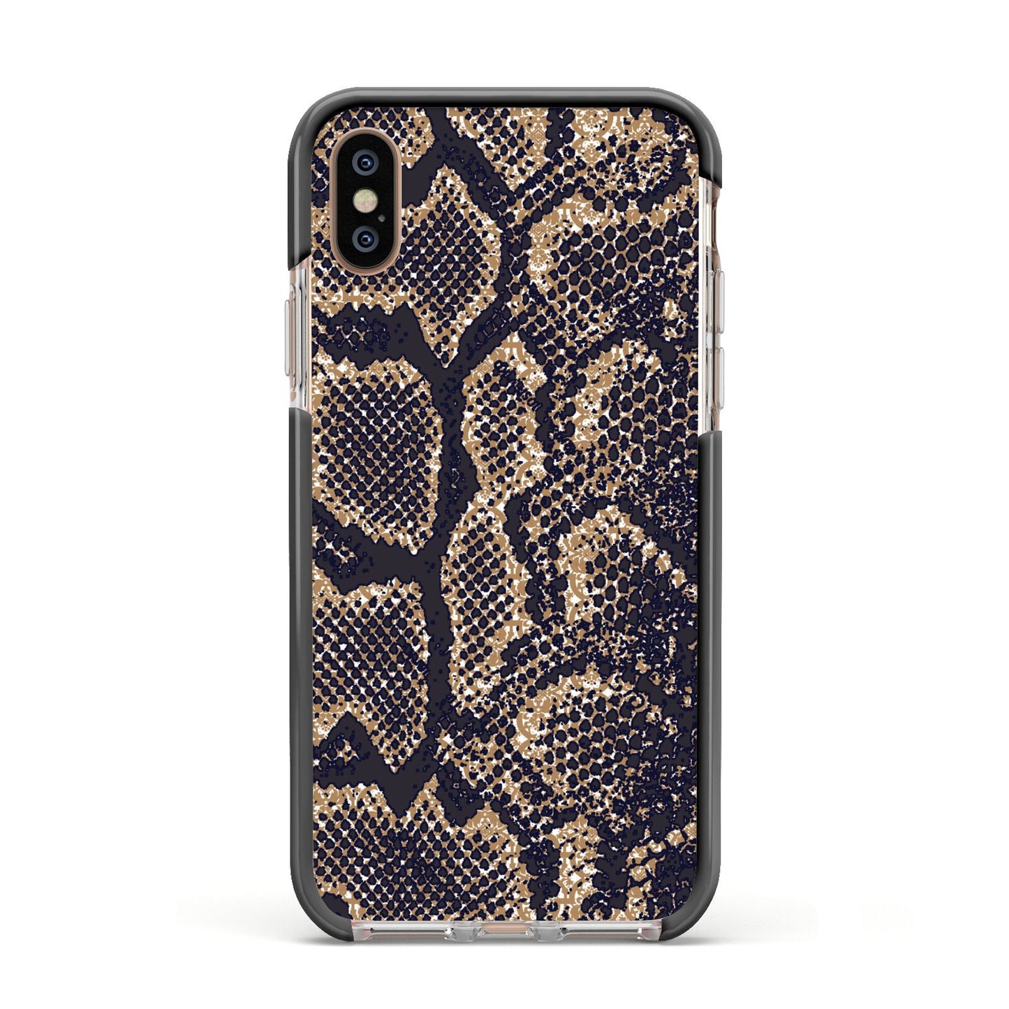 Brown Snakeskin Apple iPhone Xs Impact Case Black Edge on Gold Phone